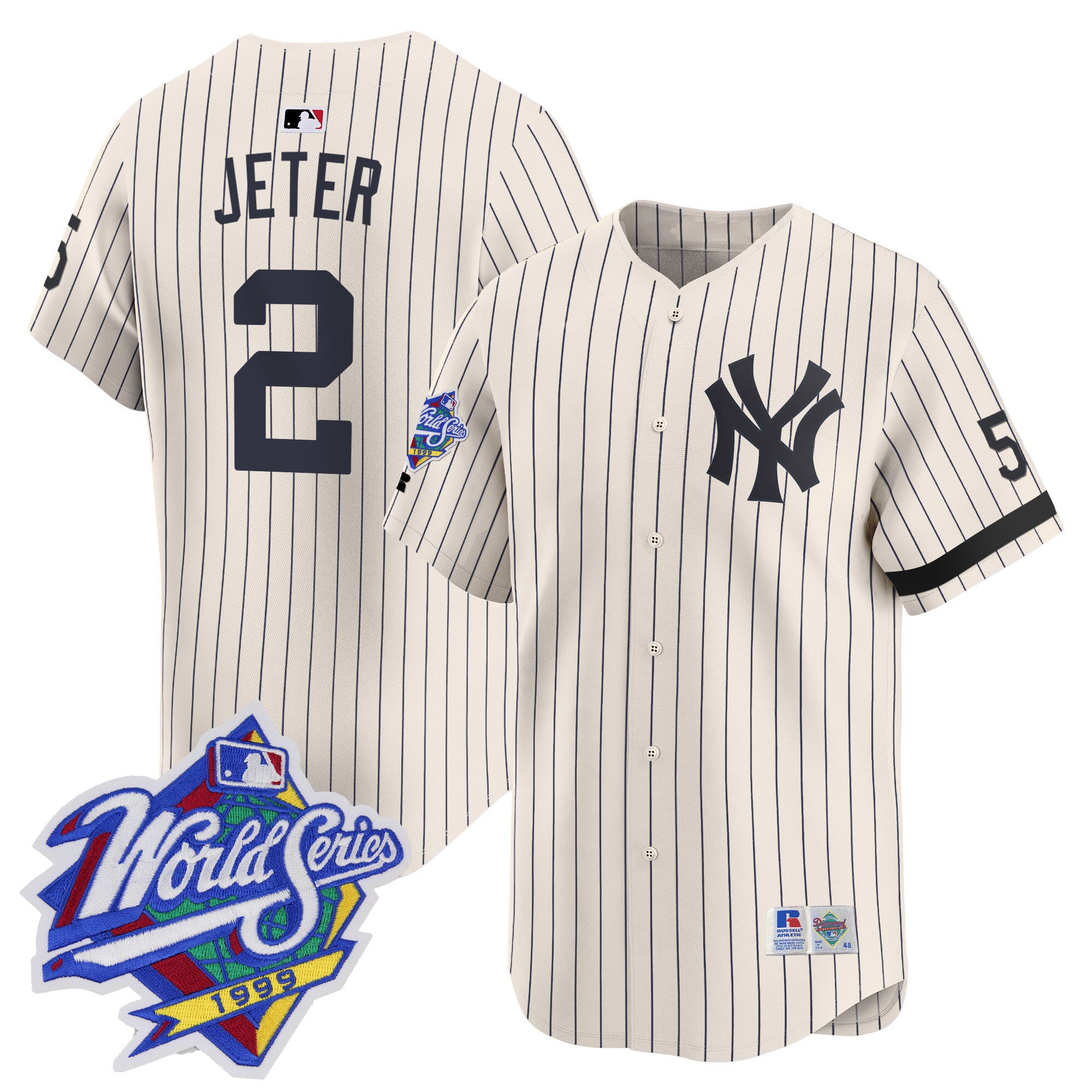 Men's Yankees 1999 Throwback Joe DiMaggio Patch Vapor Premier Limited Jersey - All Stitched - Cream Pinstripe, Derek Jeter