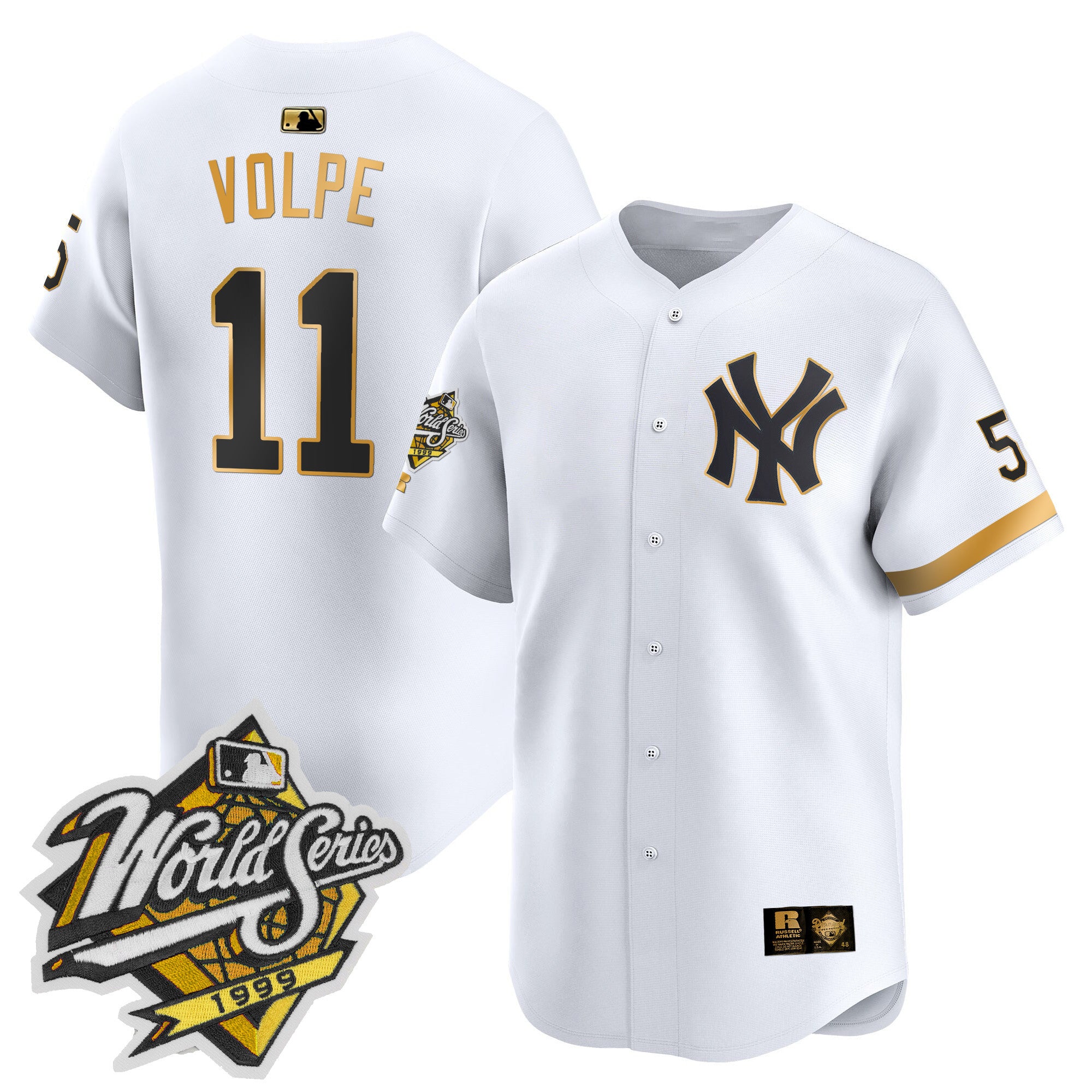 Men's Yankees 1999 Throwback Joe DiMaggio Patch Vapor Premier Limited Jersey - All Stitched - White Gold, Anthony Volpe