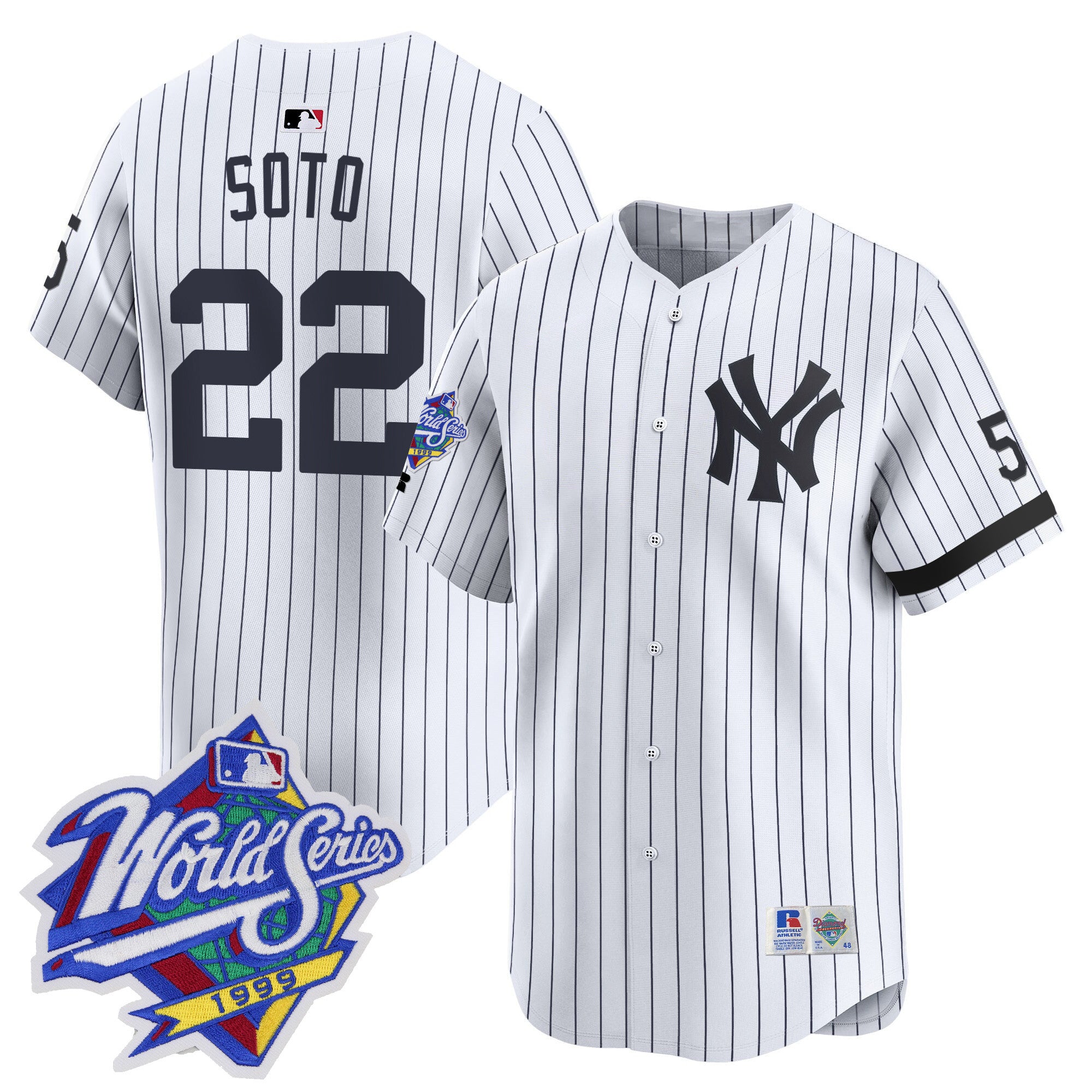 Men's Yankees 1999 Throwback Joe DiMaggio Patch Vapor Premier Limited Jersey - All Stitched - Pinstripe, Juan Soto