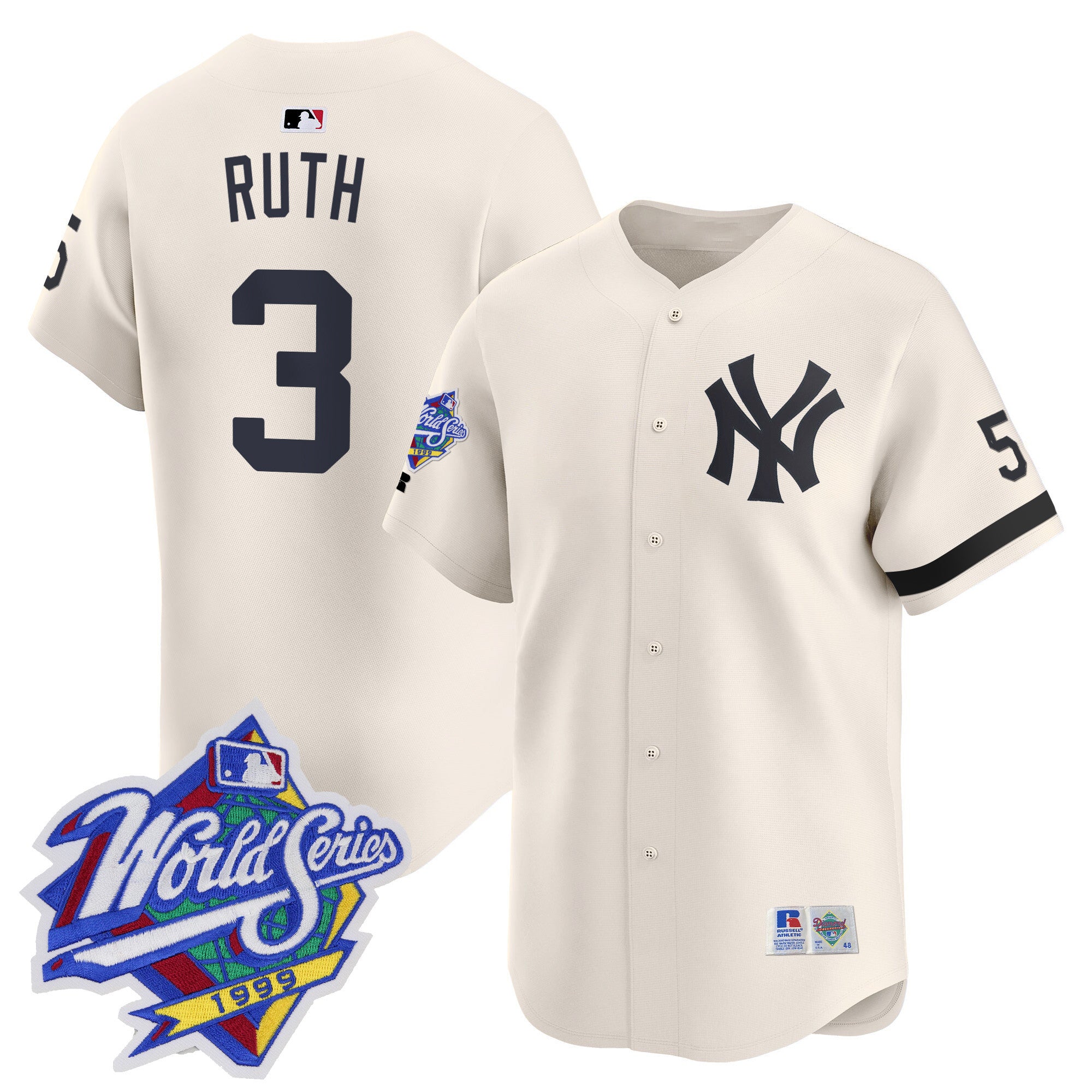 Men's Yankees 1999 Throwback Joe DiMaggio Patch Vapor Premier Limited Jersey - All Stitched - Cream, Babe Ruth