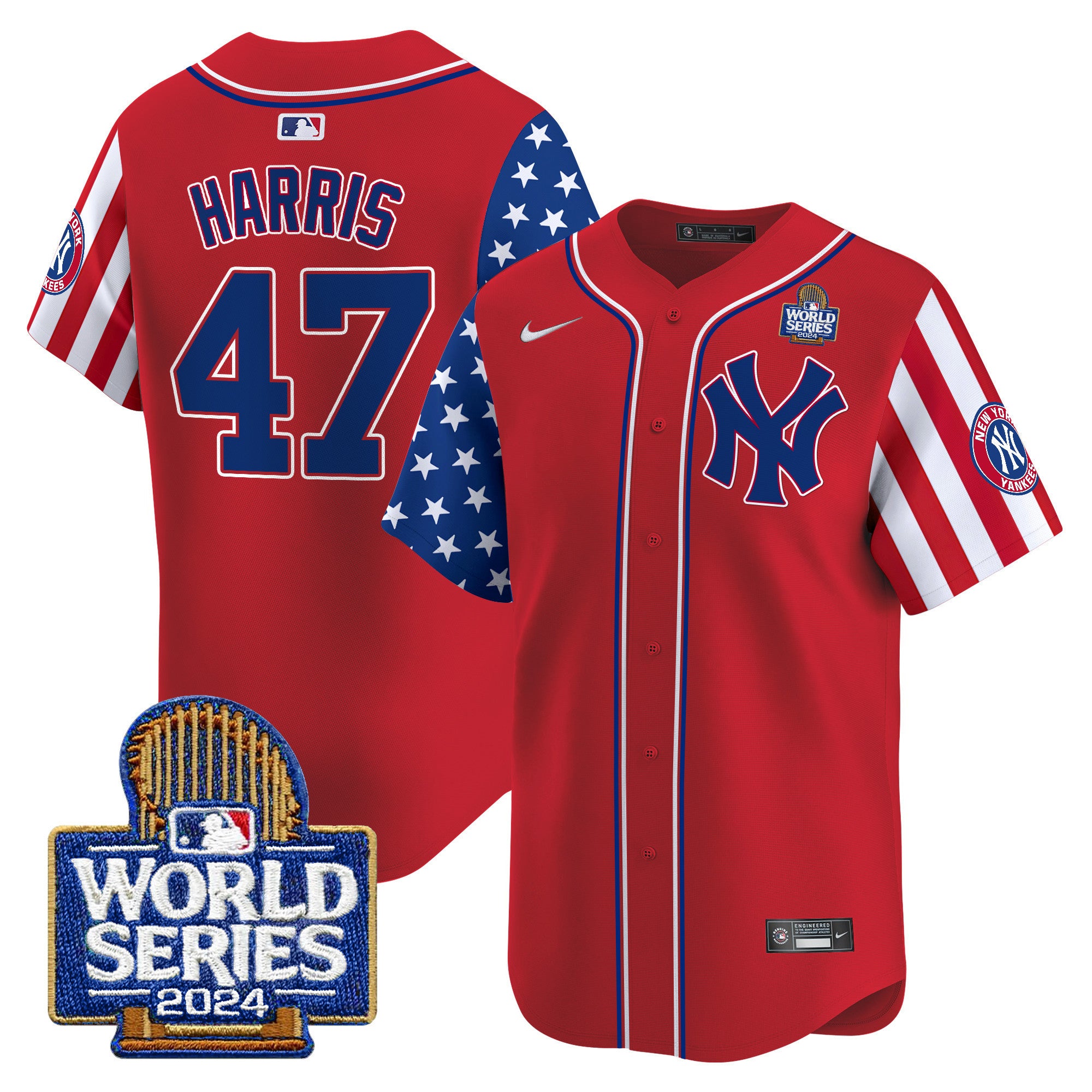 Men's Yankees American Style 2024 World Series Vapor Premier Limited Jersey V2 - All Stitched - Red, Kamala Harris