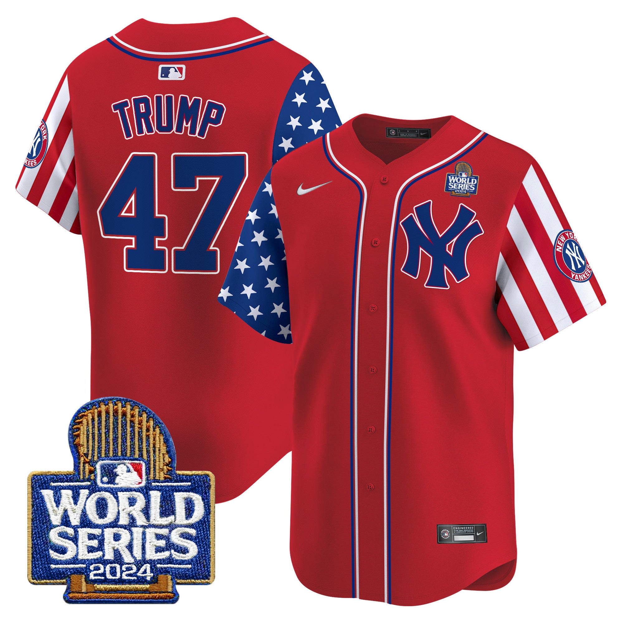 Men's Yankees American Style 2024 World Series Vapor Premier Limited Jersey V2 - All Stitched - Red, Donald Trump