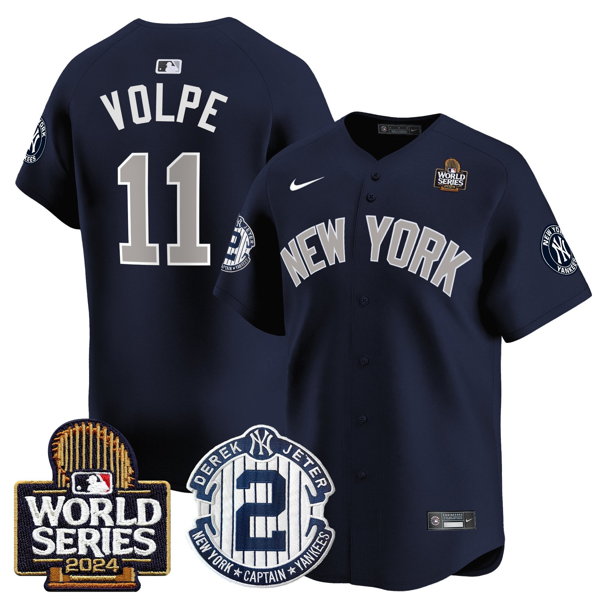 Men's Yankees Derek Jeter Patch 2024 World Series Vapor Premier Limited Jersey - All Stitched - Alternate, Anthony Volpe
