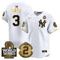 Men's Yankees Derek Jeter Patch 2024 World Series Vapor Premier Limited Jersey - All Stitched - White Gold, Babe Ruth