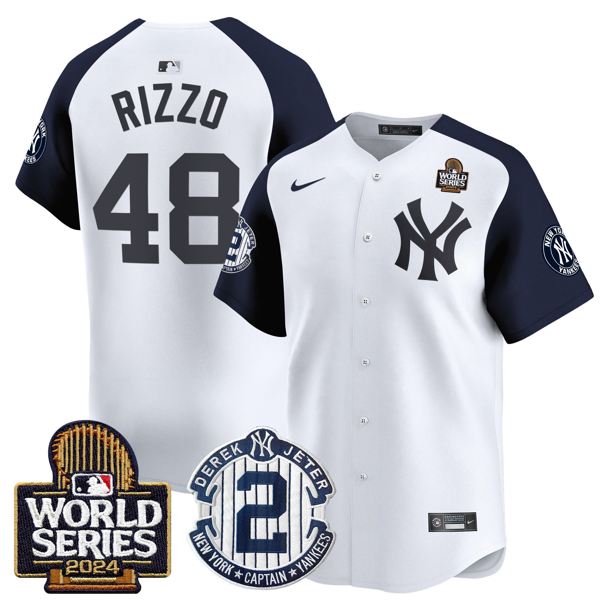 Men's Yankees Derek Jeter Patch 2024 World Series Vapor Premier Limited Jersey - All Stitched - White Alternate, Anthony Rizzo