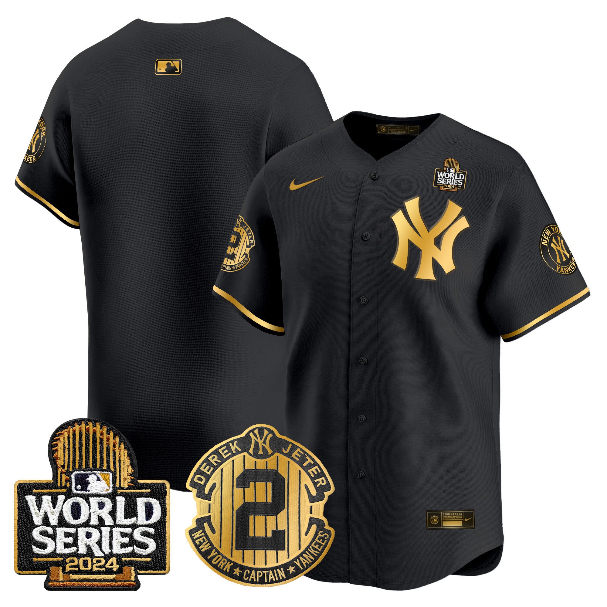 Men's Yankees Derek Jeter Patch 2024 World Series Vapor Premier Limited Jersey - All Stitched - Black Gold, Team