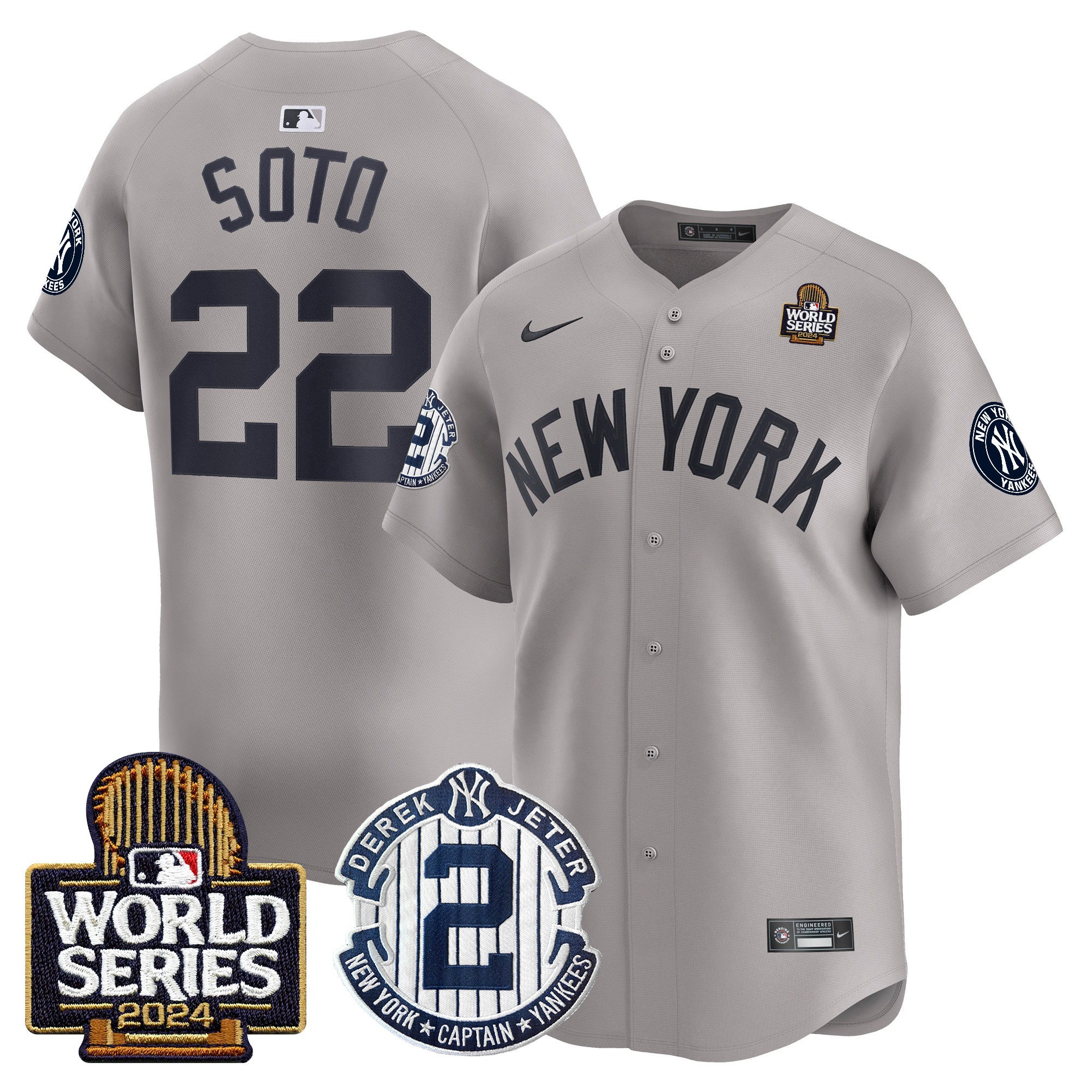Men's Yankees Derek Jeter Patch 2024 World Series Vapor Premier Limited Jersey - All Stitched - Gray, Juan Soto