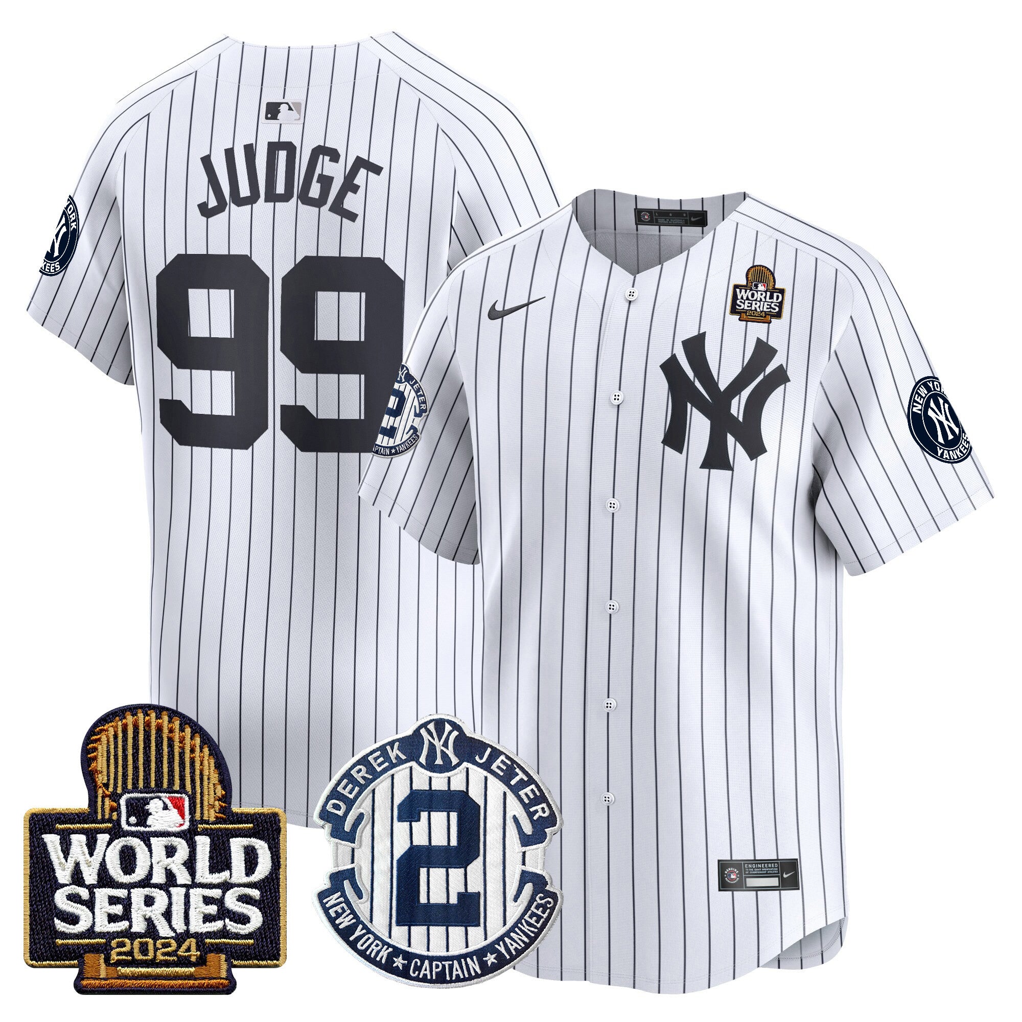 Men's Yankees Derek Jeter Patch 2024 World Series Vapor Premier Limited Jersey - All Stitched - White, Aaron Judge