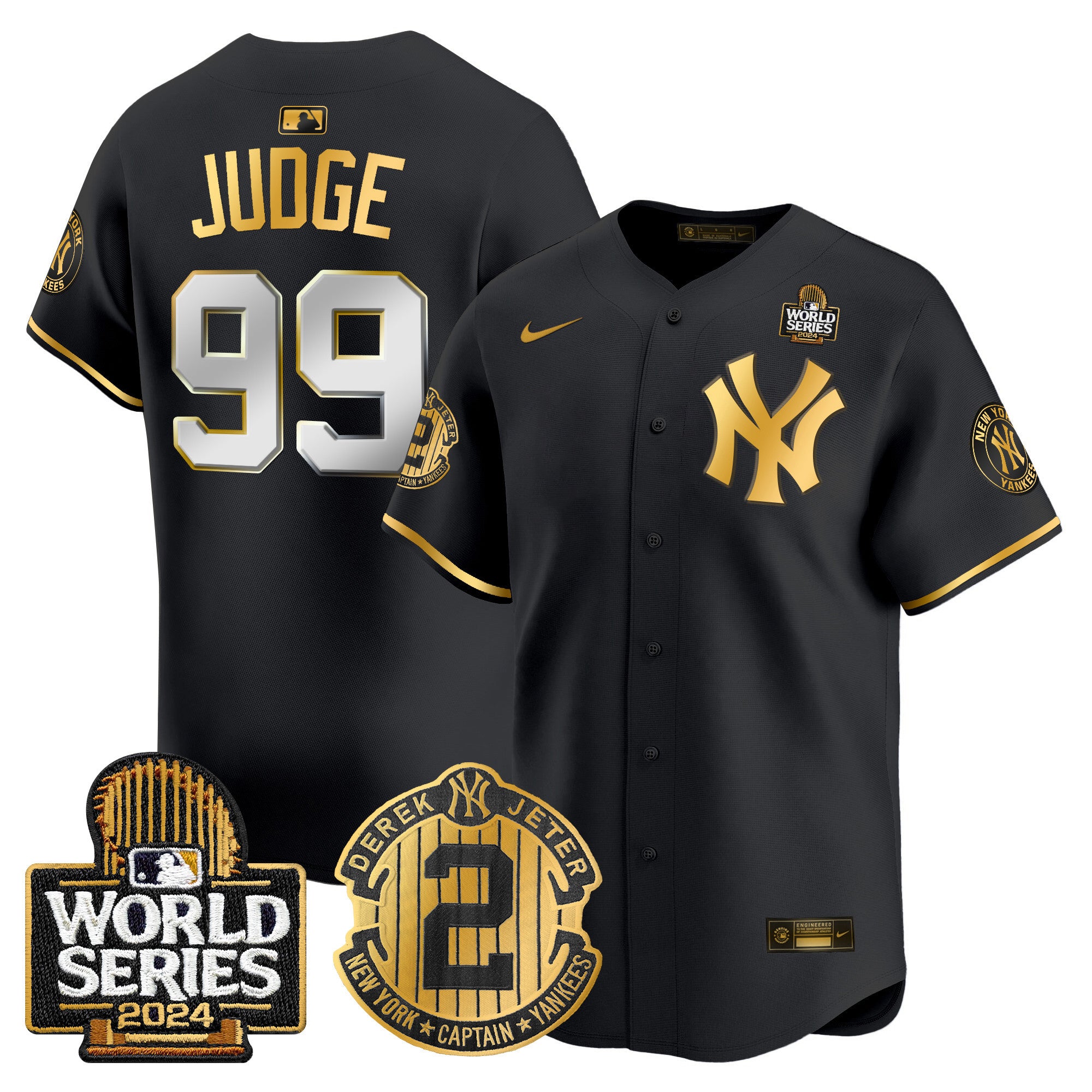 Men's Yankees Derek Jeter Patch 2024 World Series Vapor Premier Limited Jersey - All Stitched - Black Gold, Aaron Judge
