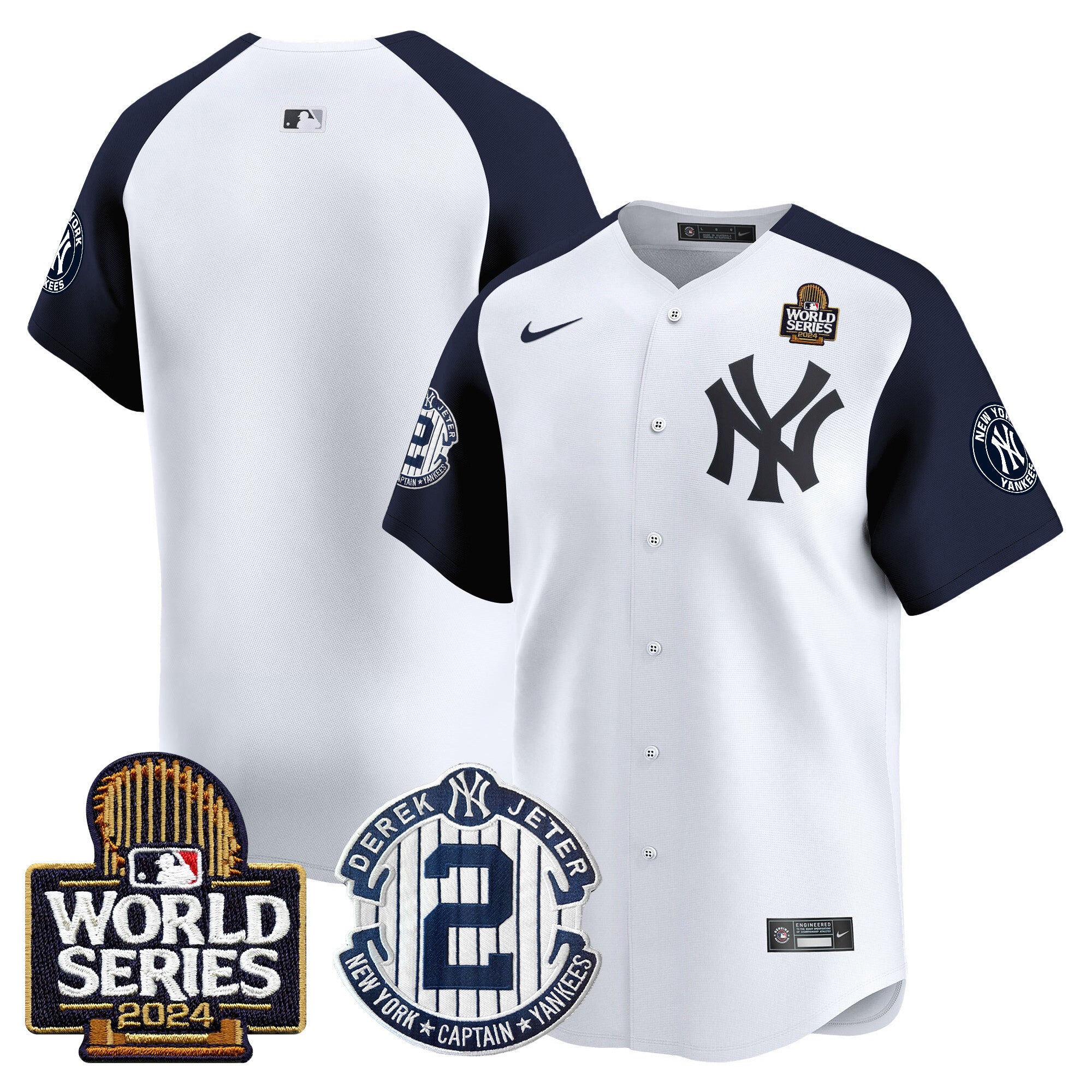 Men's Yankees Derek Jeter Patch 2024 World Series Vapor Premier Limited Jersey - All Stitched - White Alternate, Team