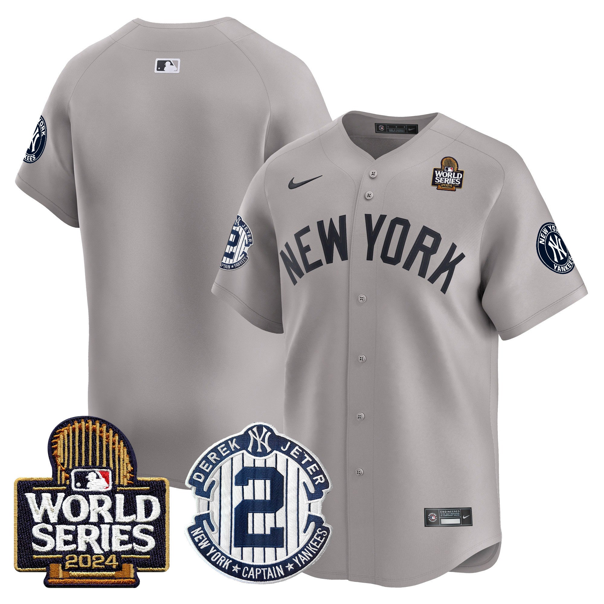 Men's Yankees Derek Jeter Patch 2024 World Series Vapor Premier Limited Jersey - All Stitched - Gray, Team