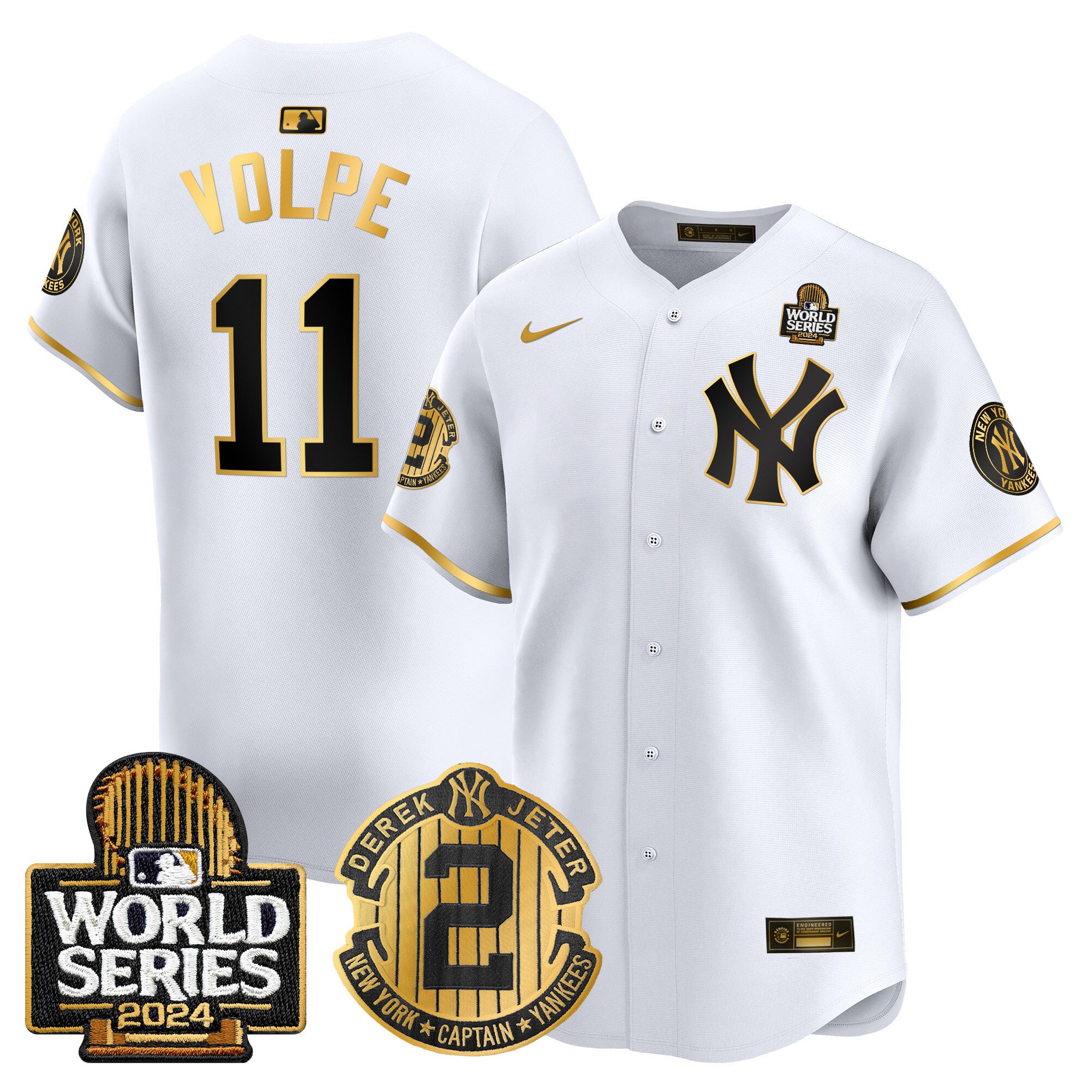Men's Yankees Derek Jeter Patch 2024 World Series Vapor Premier Limited Jersey - All Stitched - White Gold, Anthony Volpe