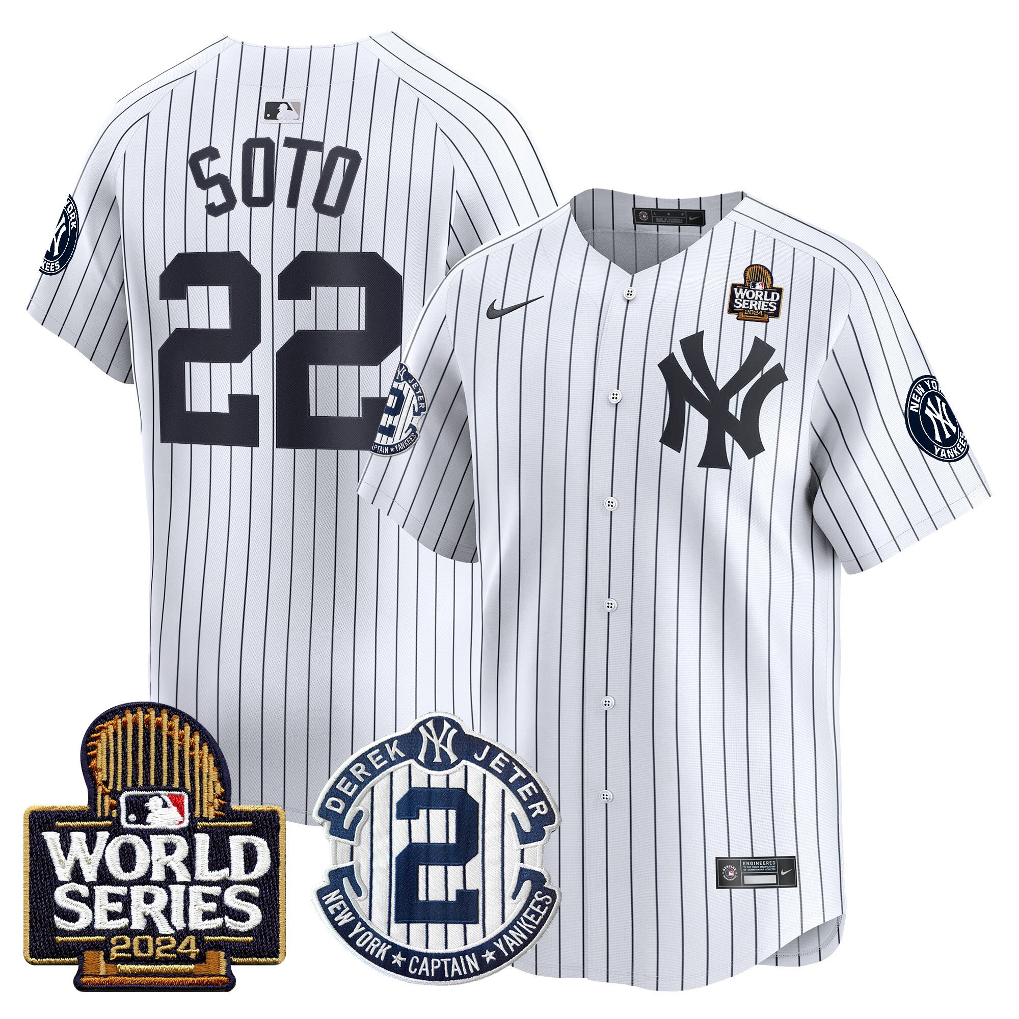 Men's Yankees Derek Jeter Patch 2024 World Series Vapor Premier Limited Jersey - All Stitched - White, Juan Soto