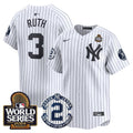 Men's Yankees Derek Jeter Patch 2024 World Series Vapor Premier Limited Jersey - All Stitched - White, Babe Ruth