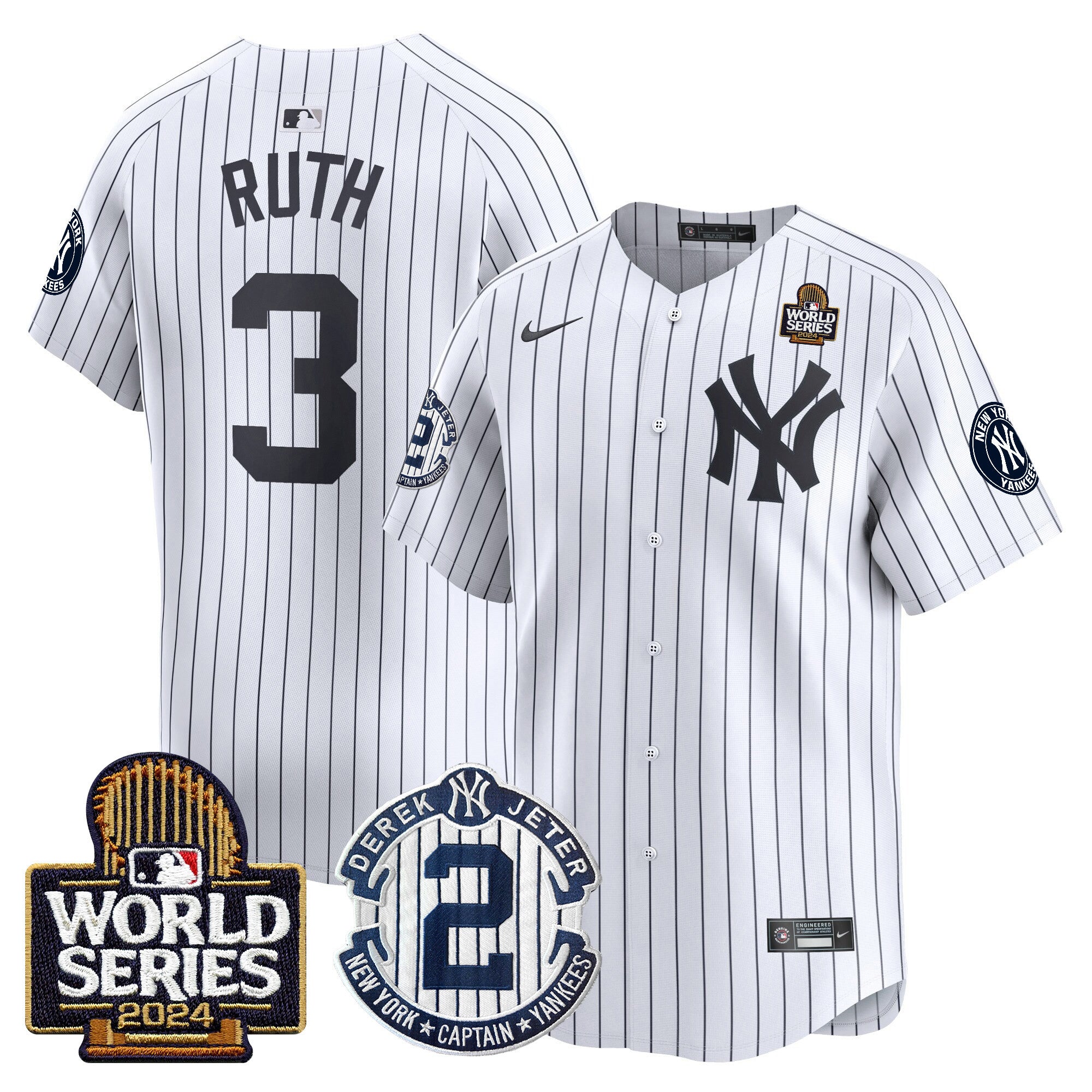 Men's Yankees Derek Jeter Patch 2024 World Series Vapor Premier Limited Jersey - All Stitched - White, Babe Ruth