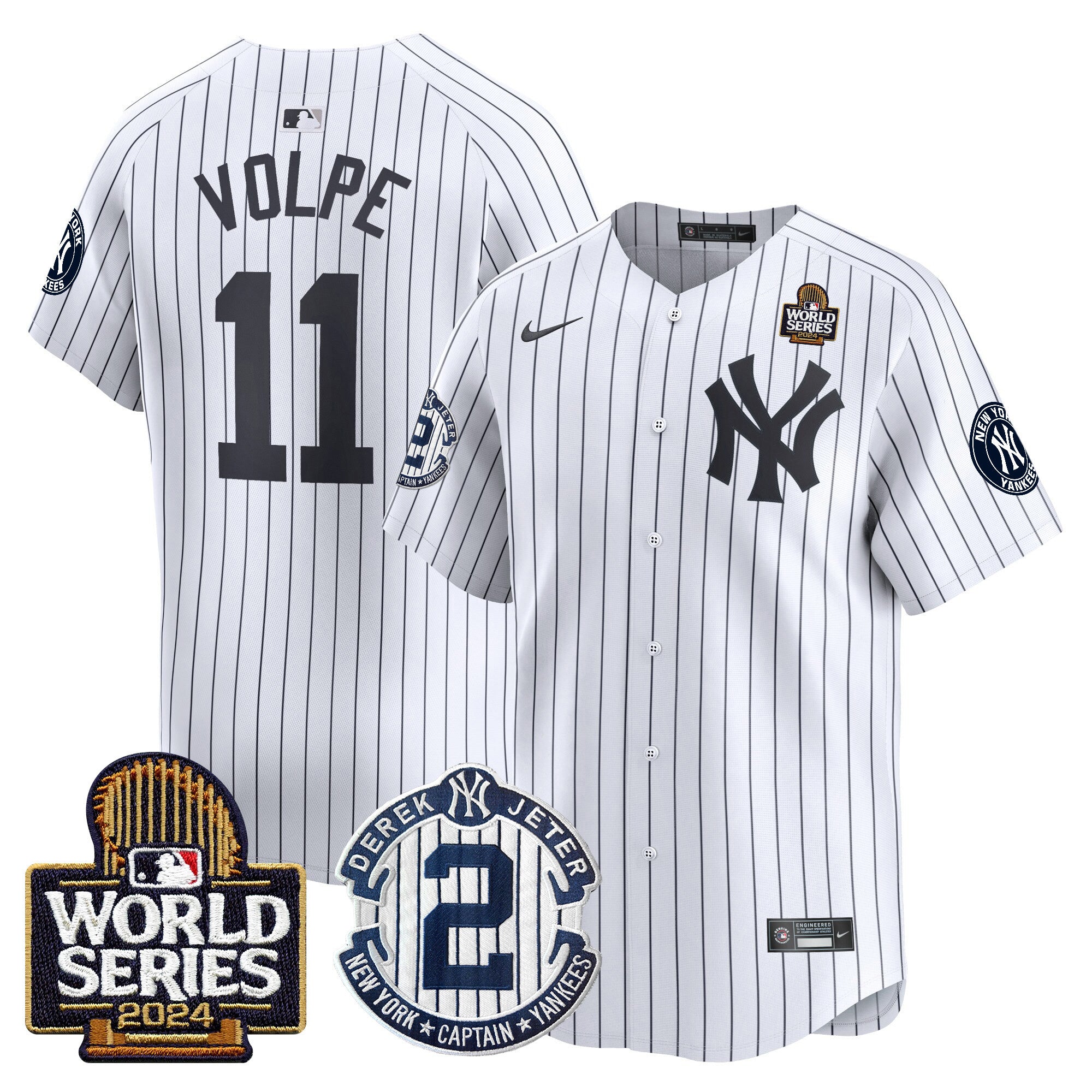 Men's Yankees Derek Jeter Patch 2024 World Series Vapor Premier Limited Jersey - All Stitched - White, Anthony Volpe