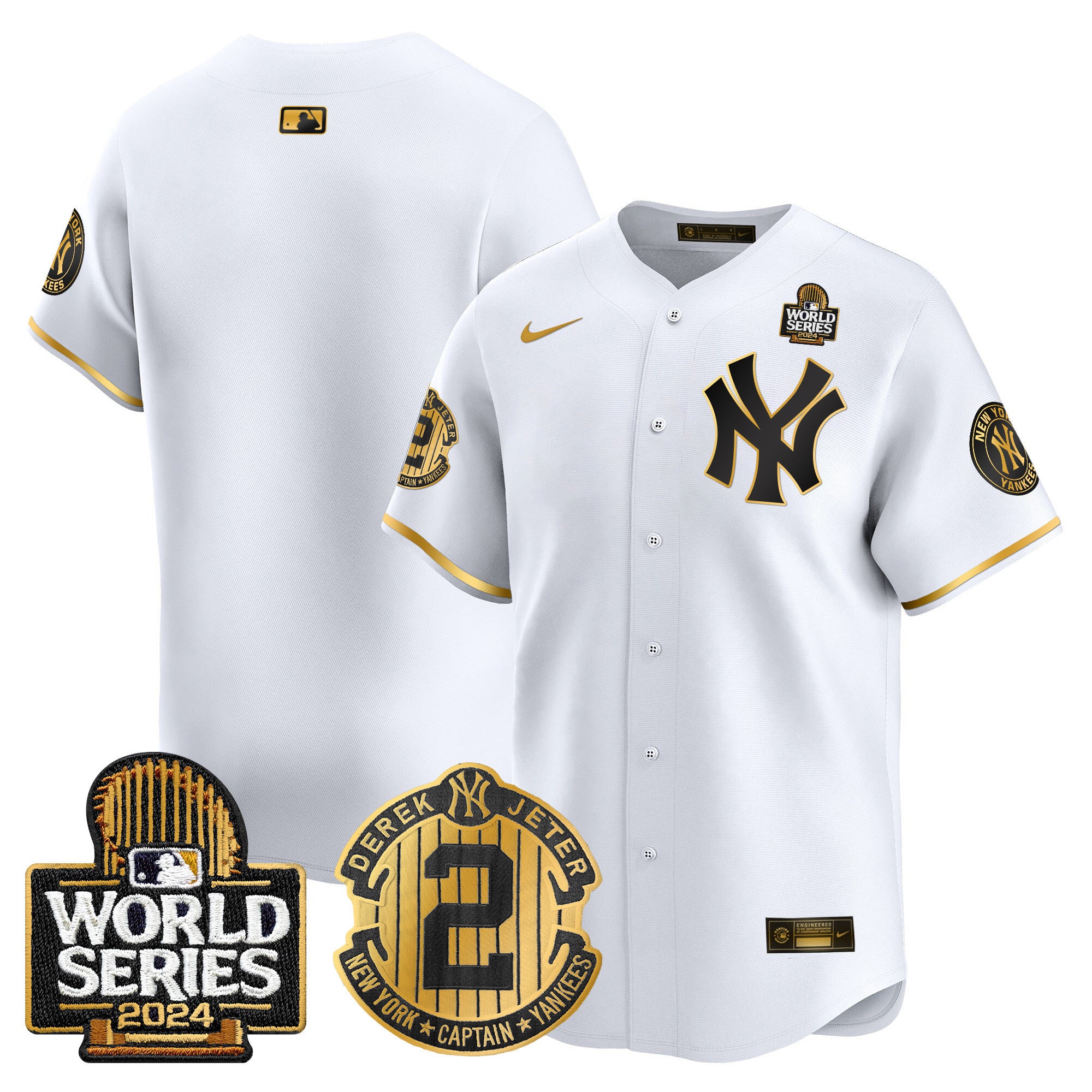 Men's Yankees Derek Jeter Patch 2024 World Series Vapor Premier Limited Jersey - All Stitched - White Gold, Team