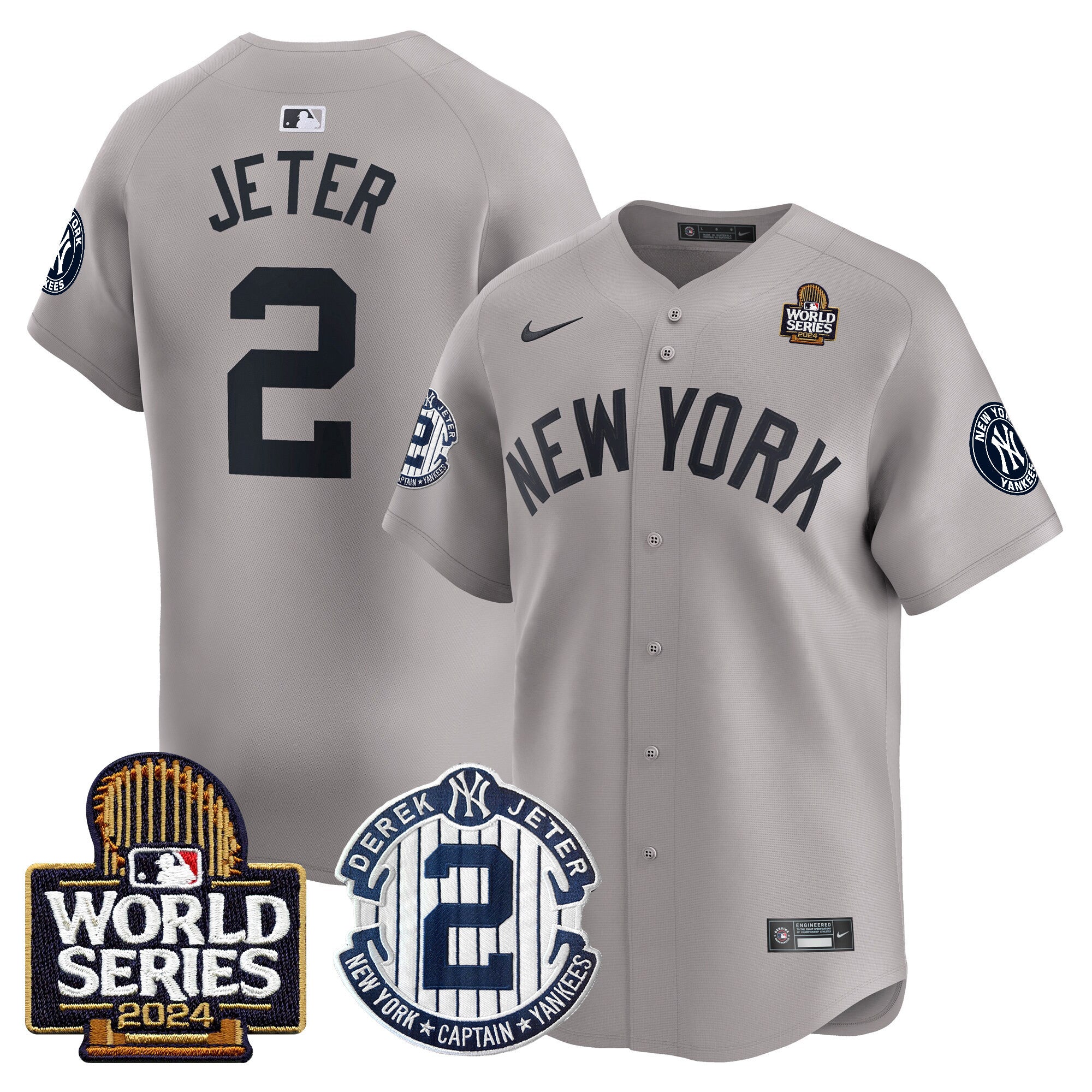 Men's Yankees Derek Jeter Patch 2024 World Series Vapor Premier Limited Jersey - All Stitched - Gray, Derek Jeter
