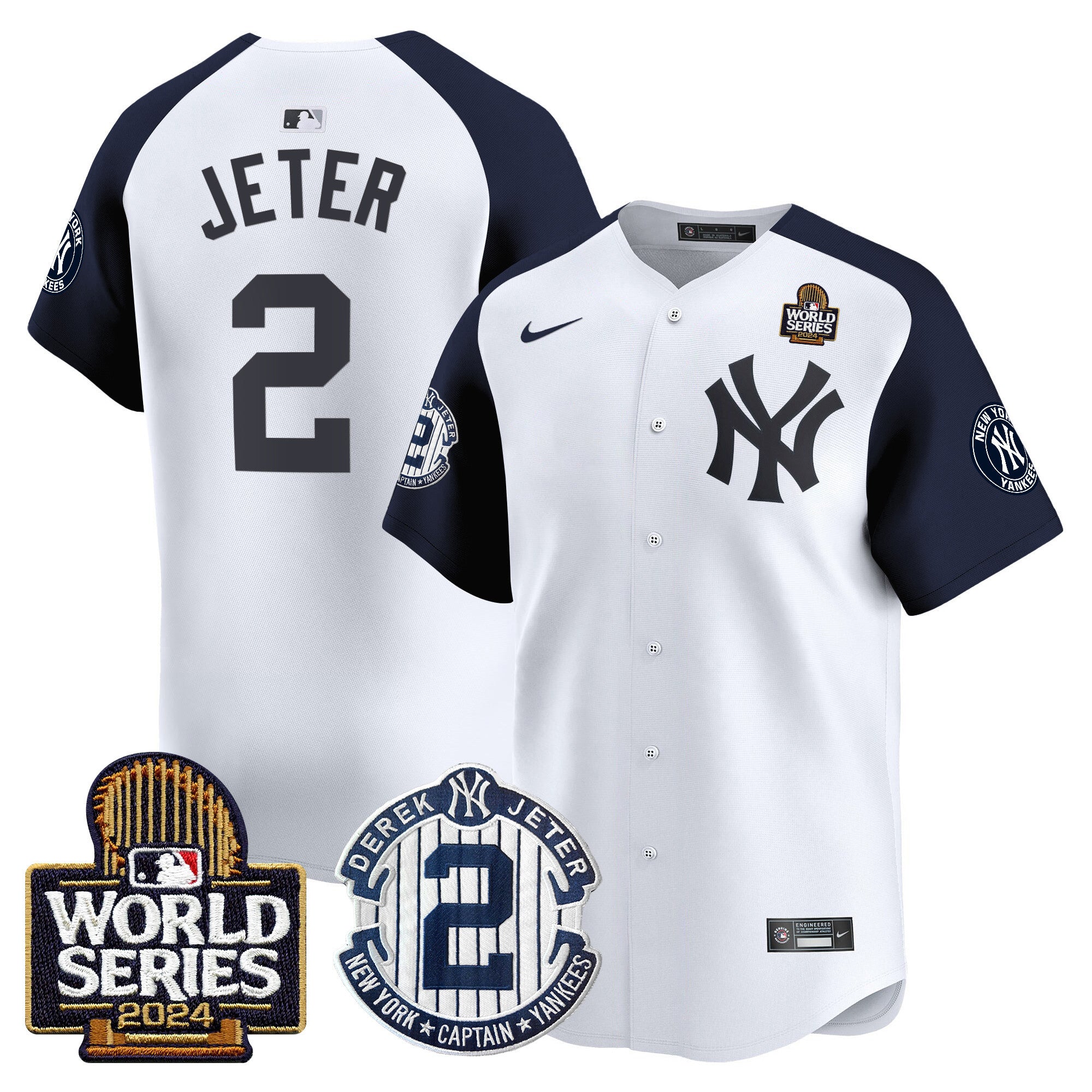 Men's Yankees Derek Jeter Patch 2024 World Series Vapor Premier Limited Jersey - All Stitched - White Alternate, Derek Jeter
