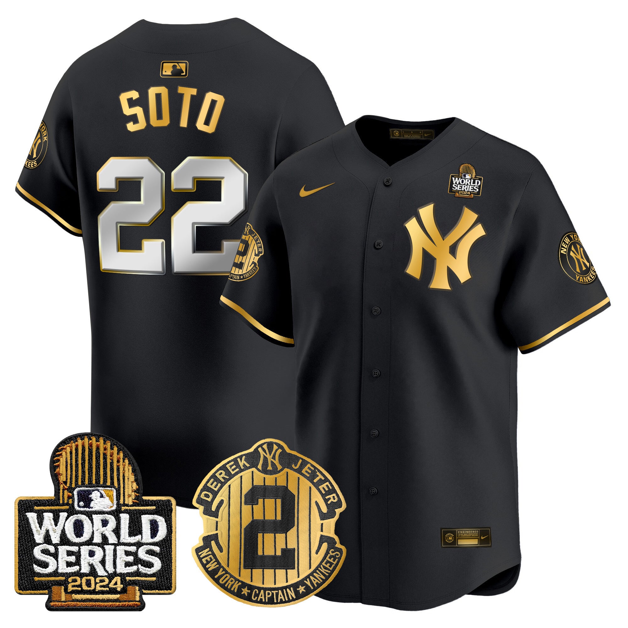 Men's Yankees Derek Jeter Patch 2024 World Series Vapor Premier Limited Jersey - All Stitched - Black Gold, Juan Soto