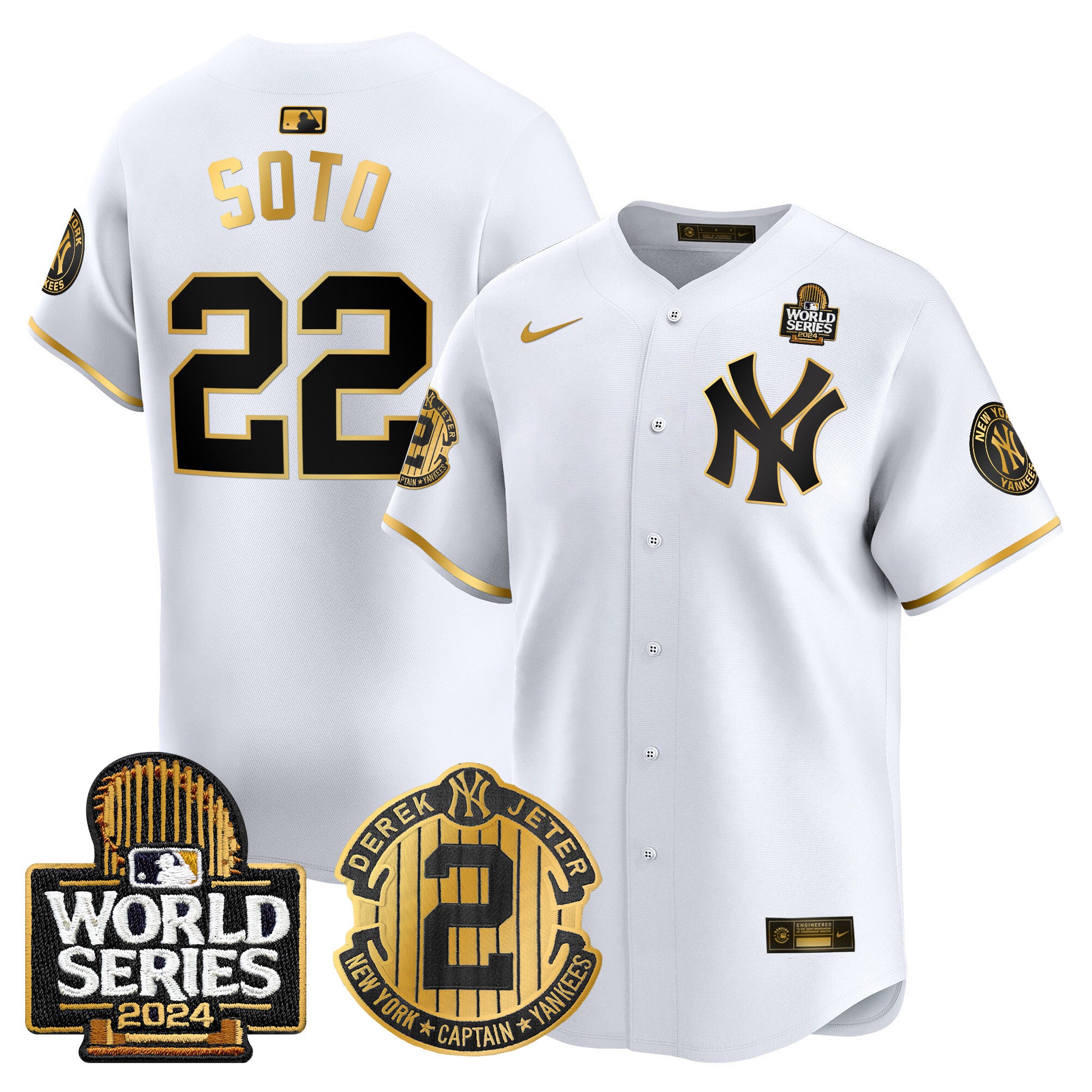 Men's Yankees Derek Jeter Patch 2024 World Series Vapor Premier Limited Jersey - All Stitched - White Gold, Juan Soto