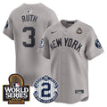 Men's Yankees Derek Jeter Patch 2024 World Series Vapor Premier Limited Jersey - All Stitched - Gray, Babe Ruth