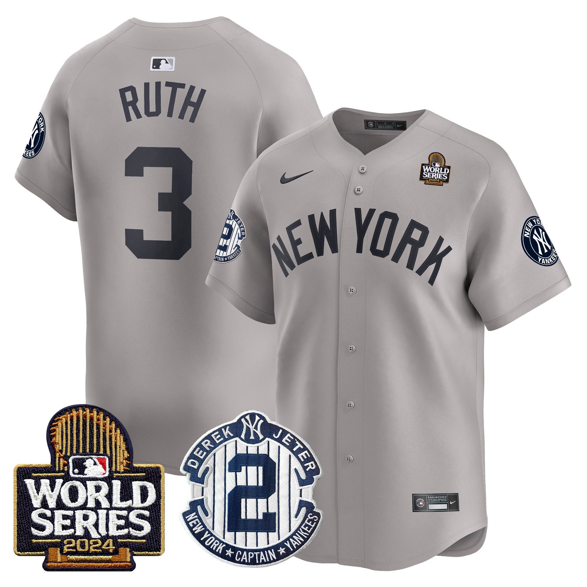 Men's Yankees Derek Jeter Patch 2024 World Series Vapor Premier Limited Jersey - All Stitched - Gray, Babe Ruth