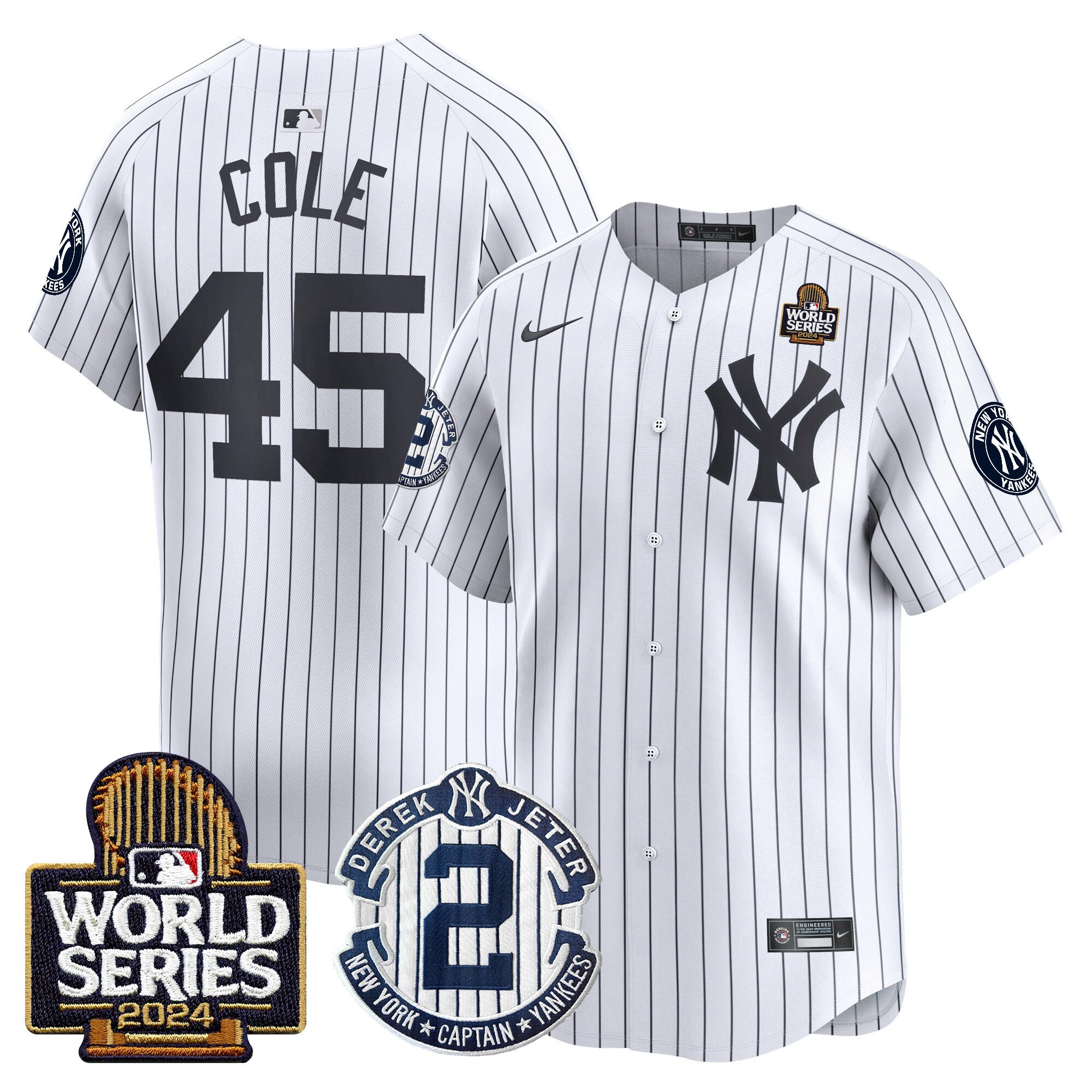 Men's Yankees Derek Jeter Patch 2024 World Series Vapor Premier Limited Jersey - All Stitched - White, Gerrit Cole