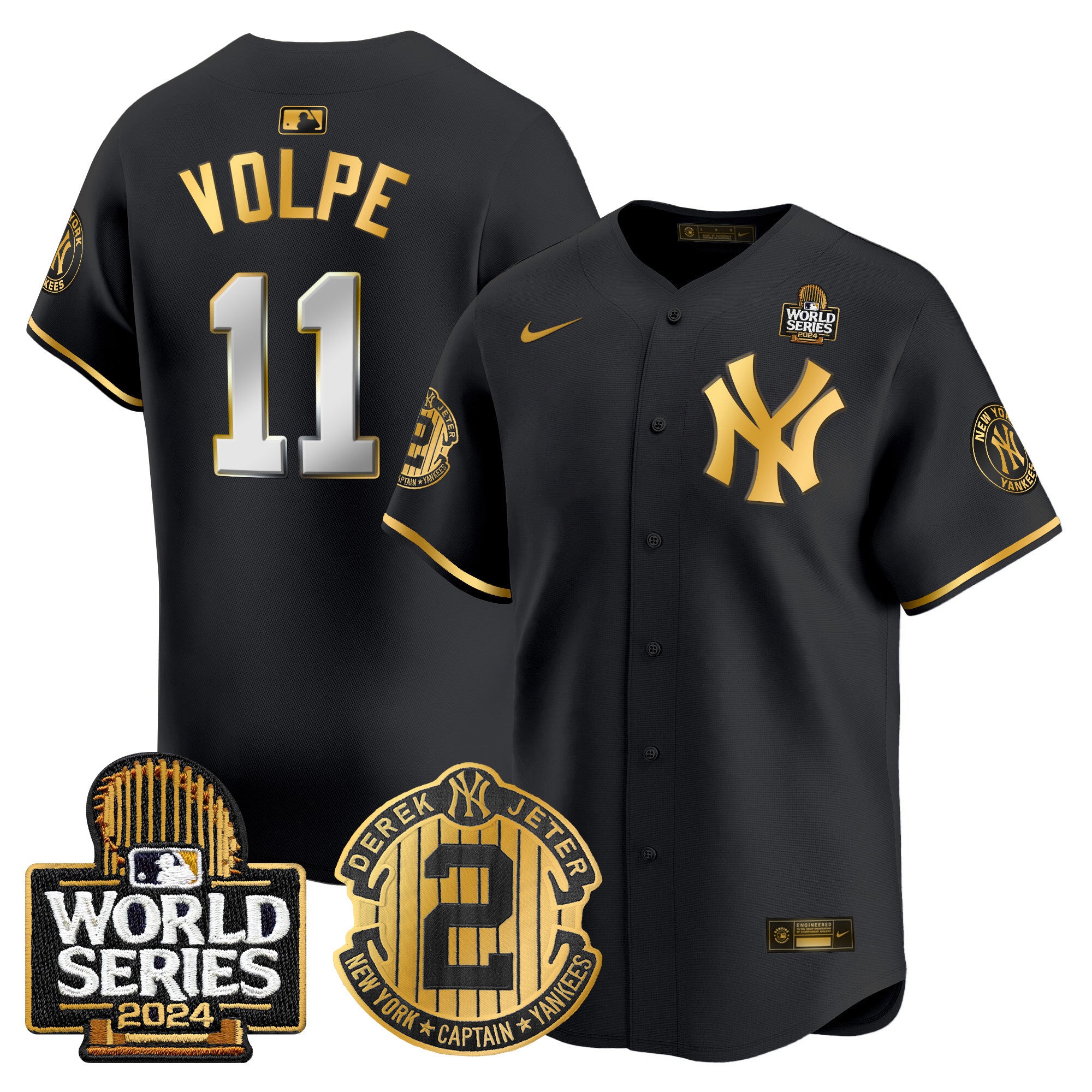 Men's Yankees Derek Jeter Patch 2024 World Series Vapor Premier Limited Jersey - All Stitched - Black Gold, Anthony Volpe