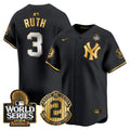 Men's Yankees Derek Jeter Patch 2024 World Series Vapor Premier Limited Jersey - All Stitched - Black Gold, Babe Ruth