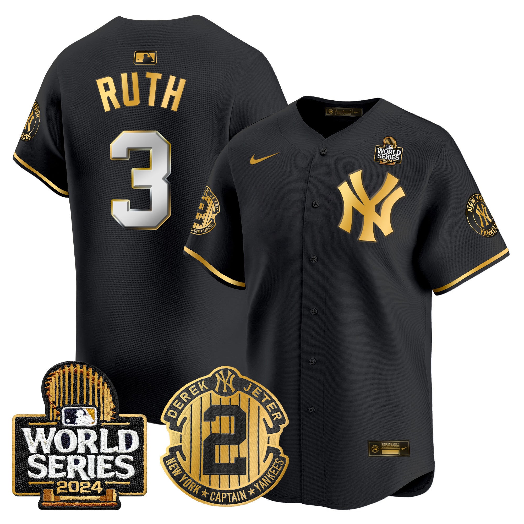 Men's Yankees Derek Jeter Patch 2024 World Series Vapor Premier Limited Jersey - All Stitched - Black Gold, Babe Ruth