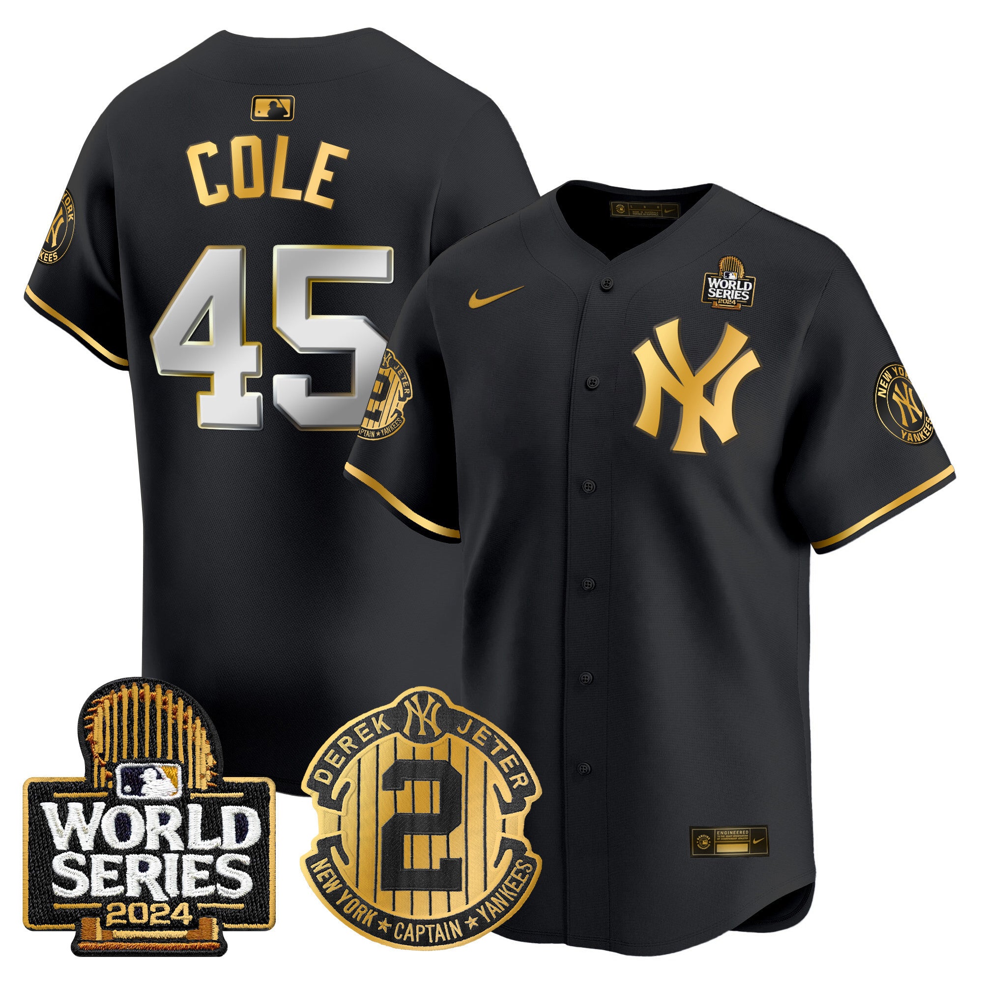 Men's Yankees Derek Jeter Patch 2024 World Series Vapor Premier Limited Jersey - All Stitched - Black Gold, Gerrit Cole