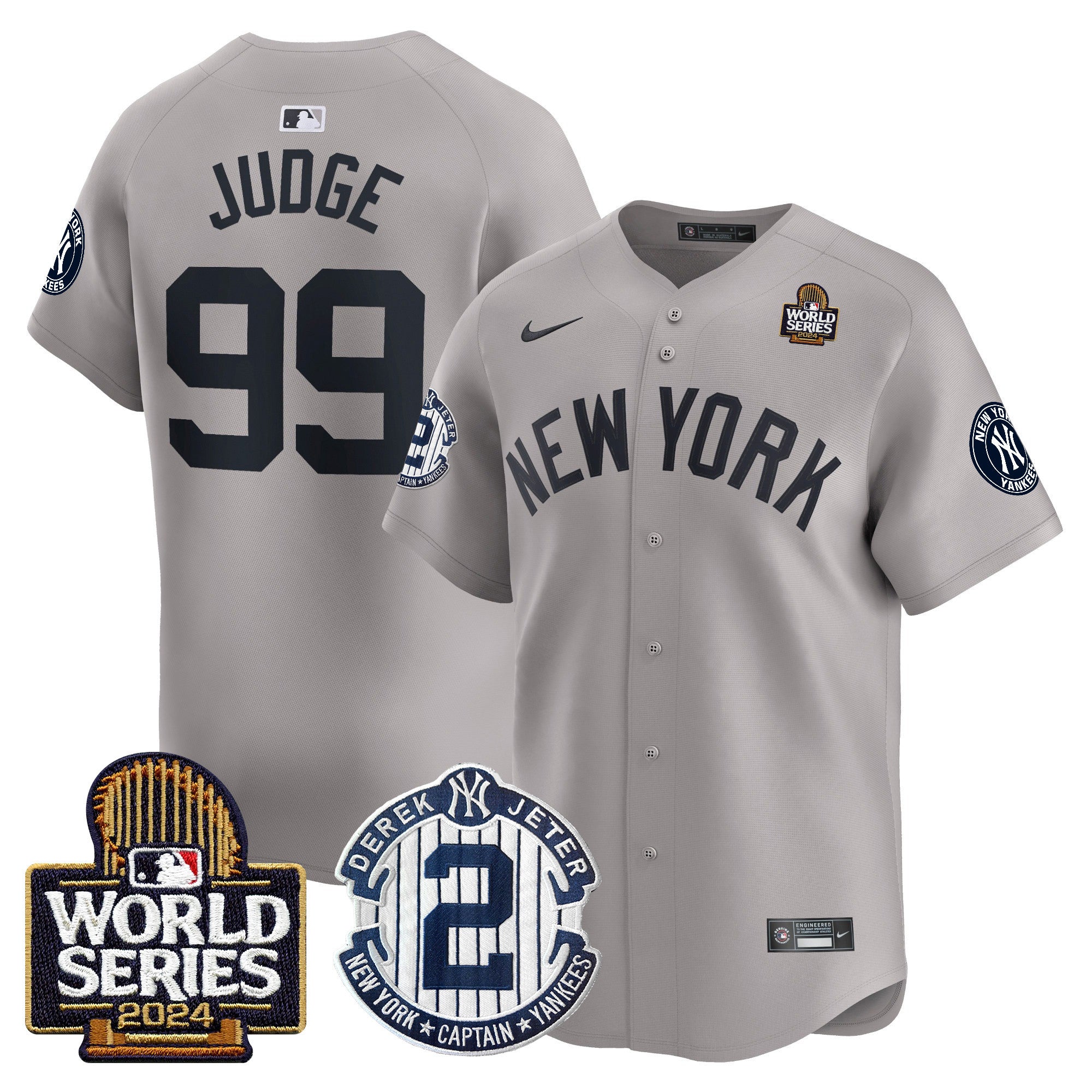 Men's Yankees Derek Jeter Patch 2024 World Series Vapor Premier Limited Jersey - All Stitched - Gray, Aaron Judge