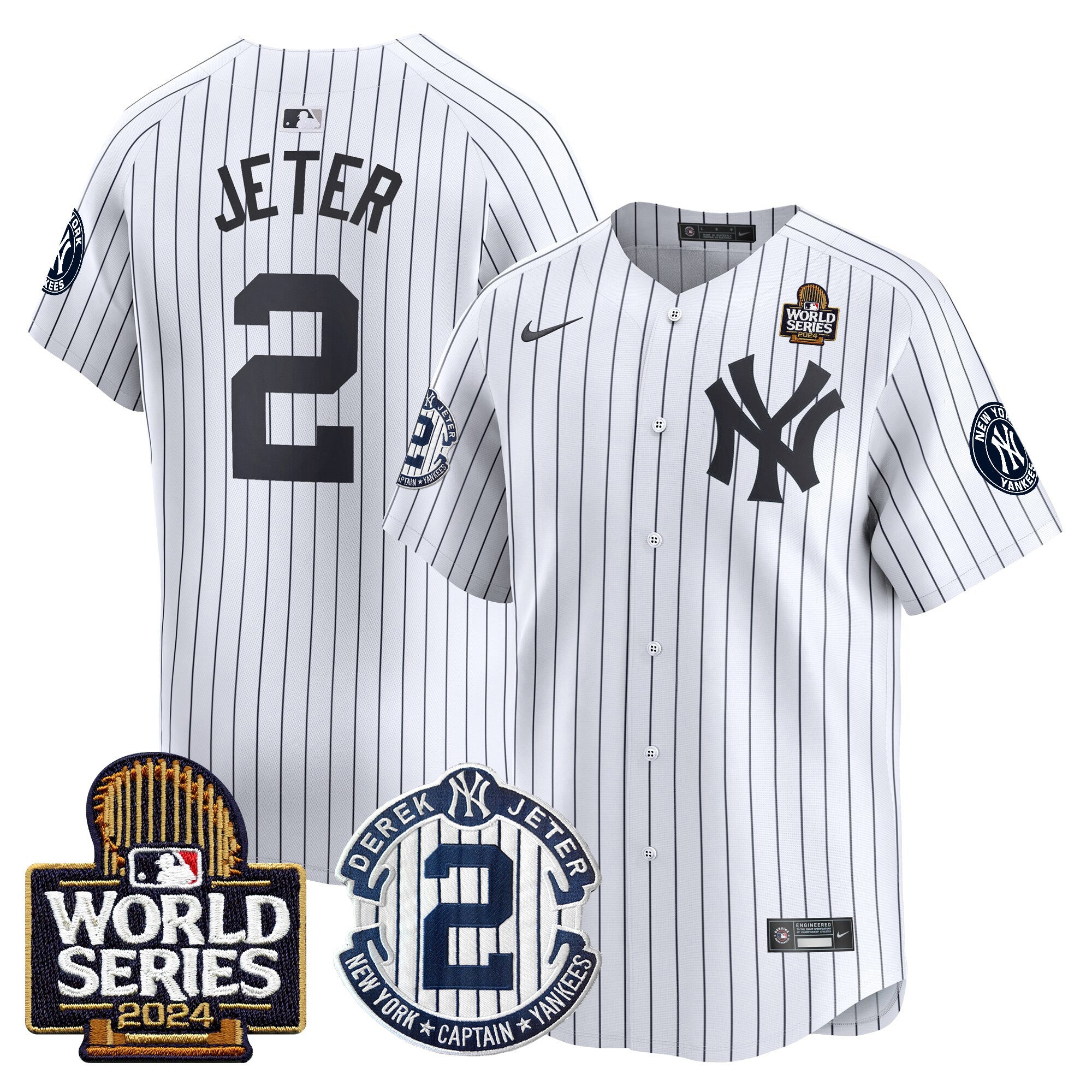 Men's Yankees Derek Jeter Patch 2024 World Series Vapor Premier Limited Jersey - All Stitched - White, Derek Jeter