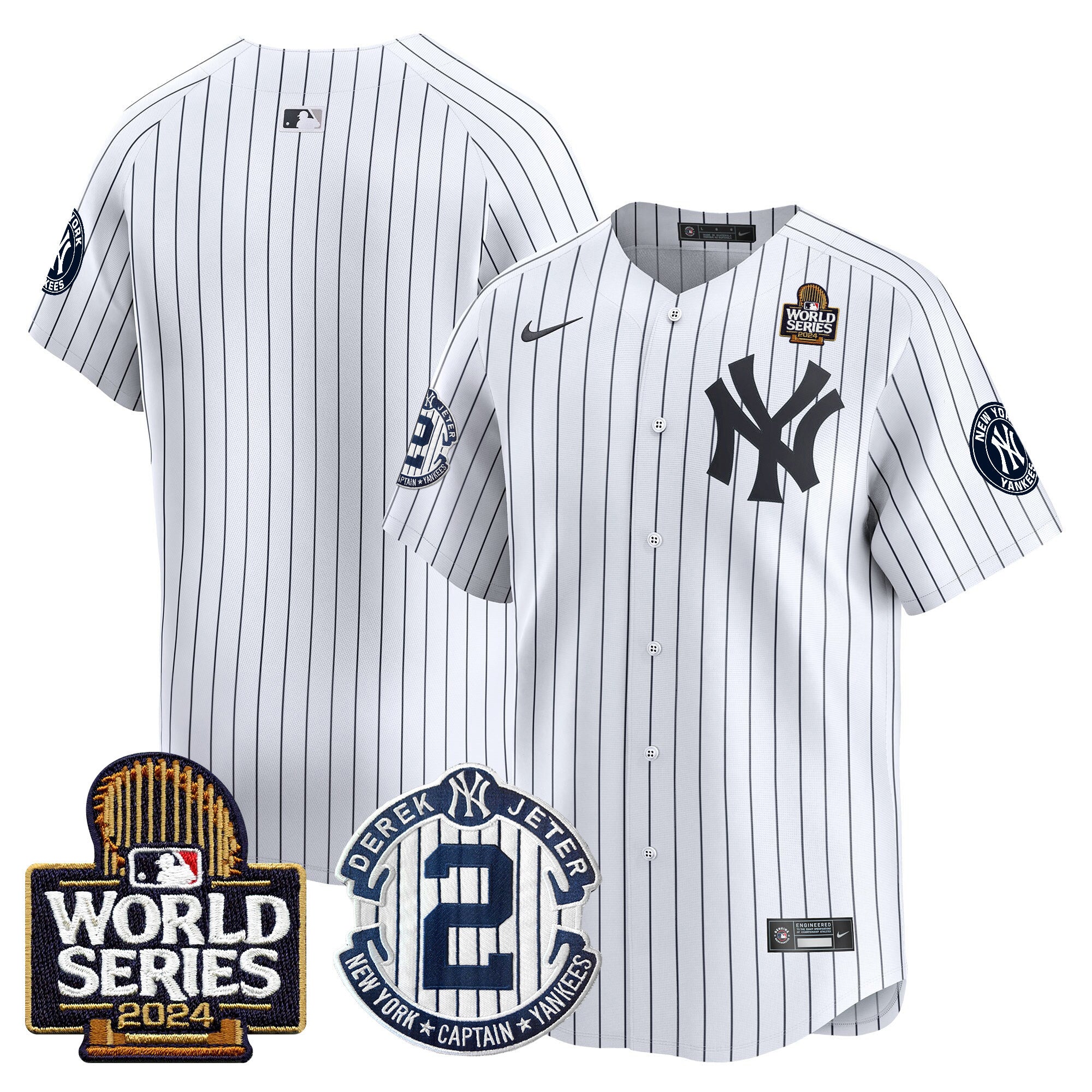 Men's Yankees Derek Jeter Patch 2024 World Series Vapor Premier Limited Jersey - All Stitched - White, Team