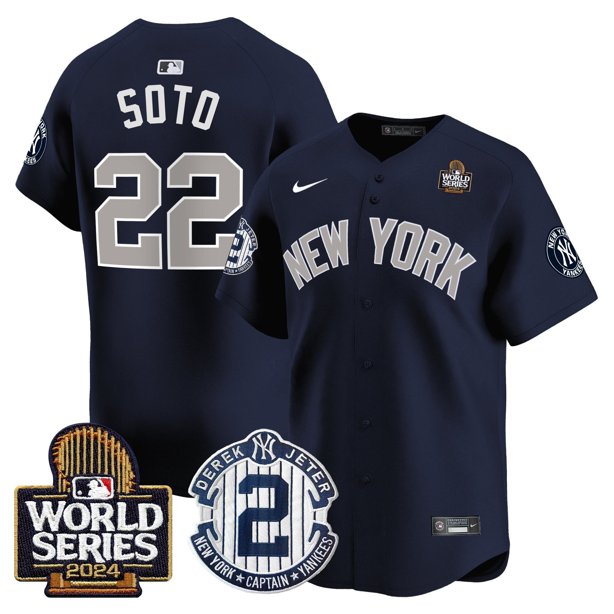 Men's Yankees Derek Jeter Patch 2024 World Series Vapor Premier Limited Jersey - All Stitched - Alternate, Juan Soto