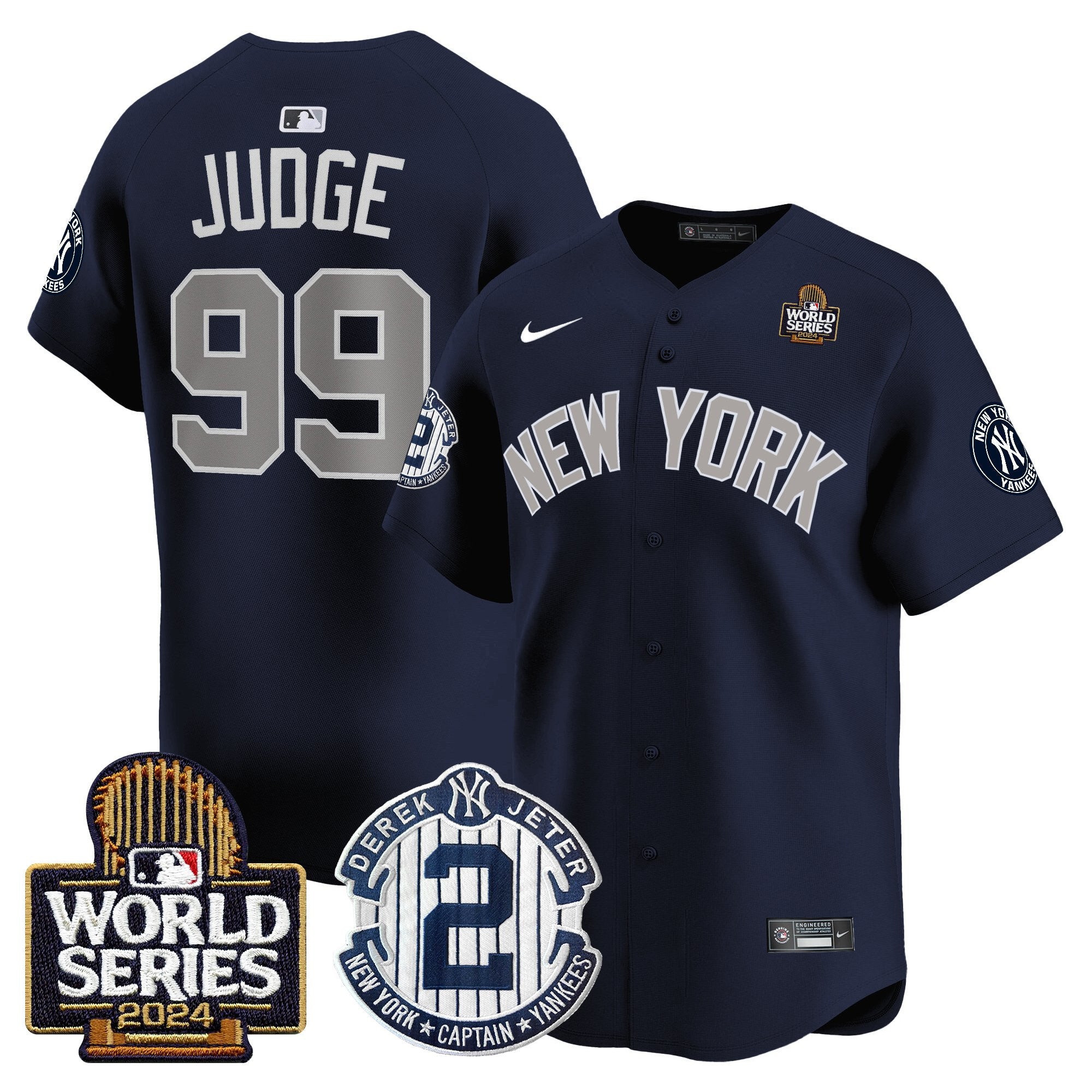 Men's Yankees Derek Jeter Patch 2024 World Series Vapor Premier Limited Jersey - All Stitched - Alternate, Aaron Judge