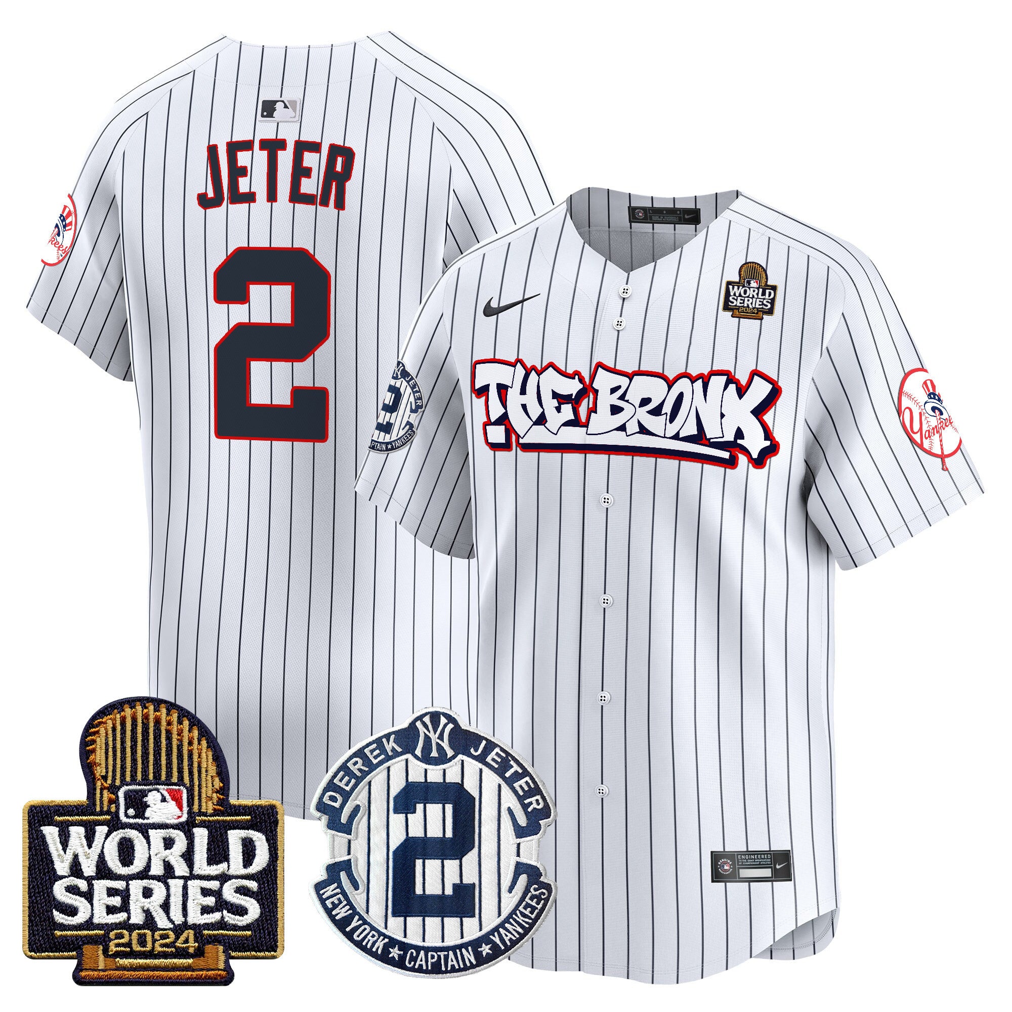 Men's Yankees The Bronx 2024 World Series Vapor Premier Limited Jersey V2 - All Stitched - Pinstripe, Derek Jeter