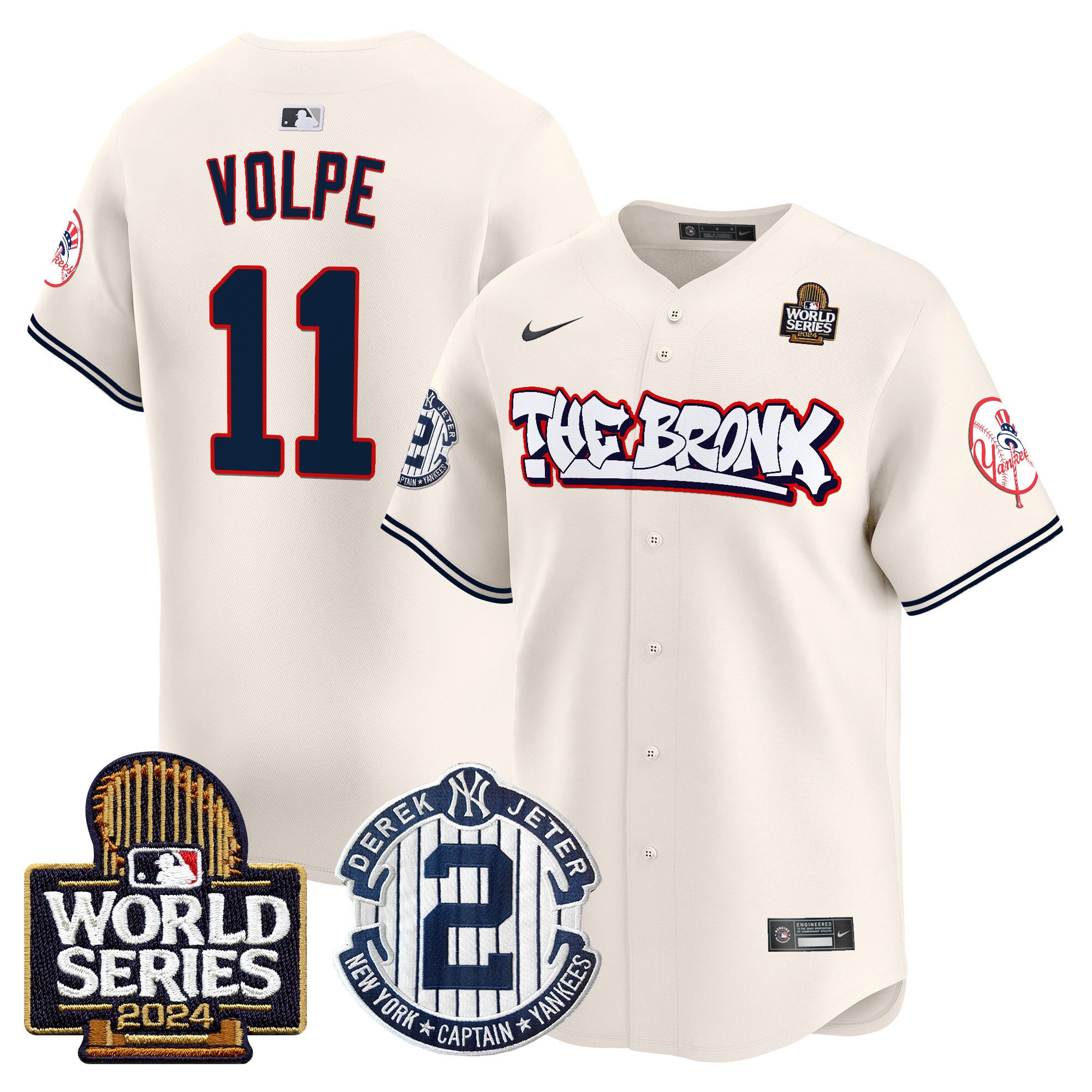 Men's Yankees The Bronx 2024 World Series Vapor Premier Limited Jersey V2 - All Stitched - Cream, Anthony Volpe