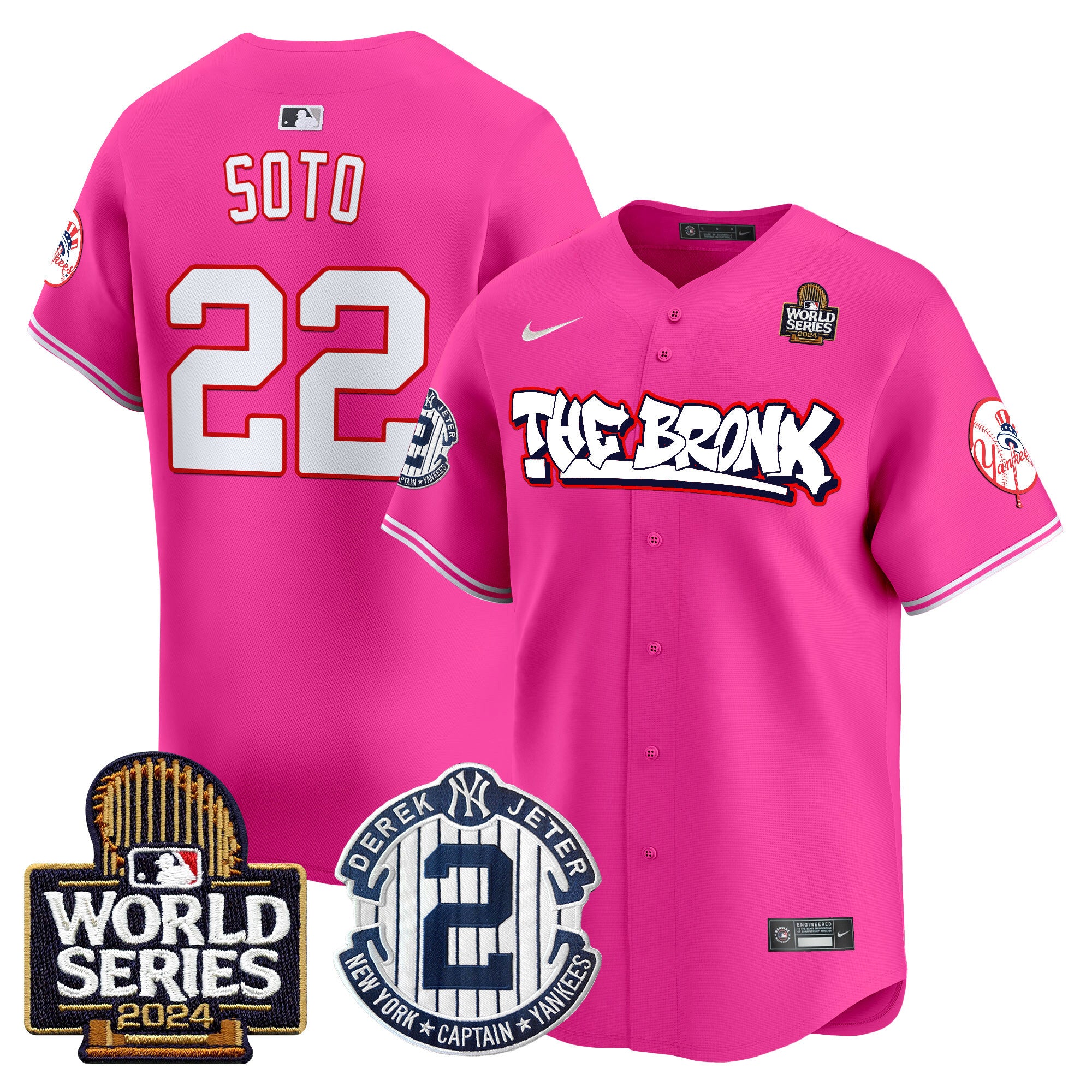 Men's Yankees The Bronx 2024 World Series Vapor Premier Limited Jersey V2 - All Stitched - Pink, Juan Soto