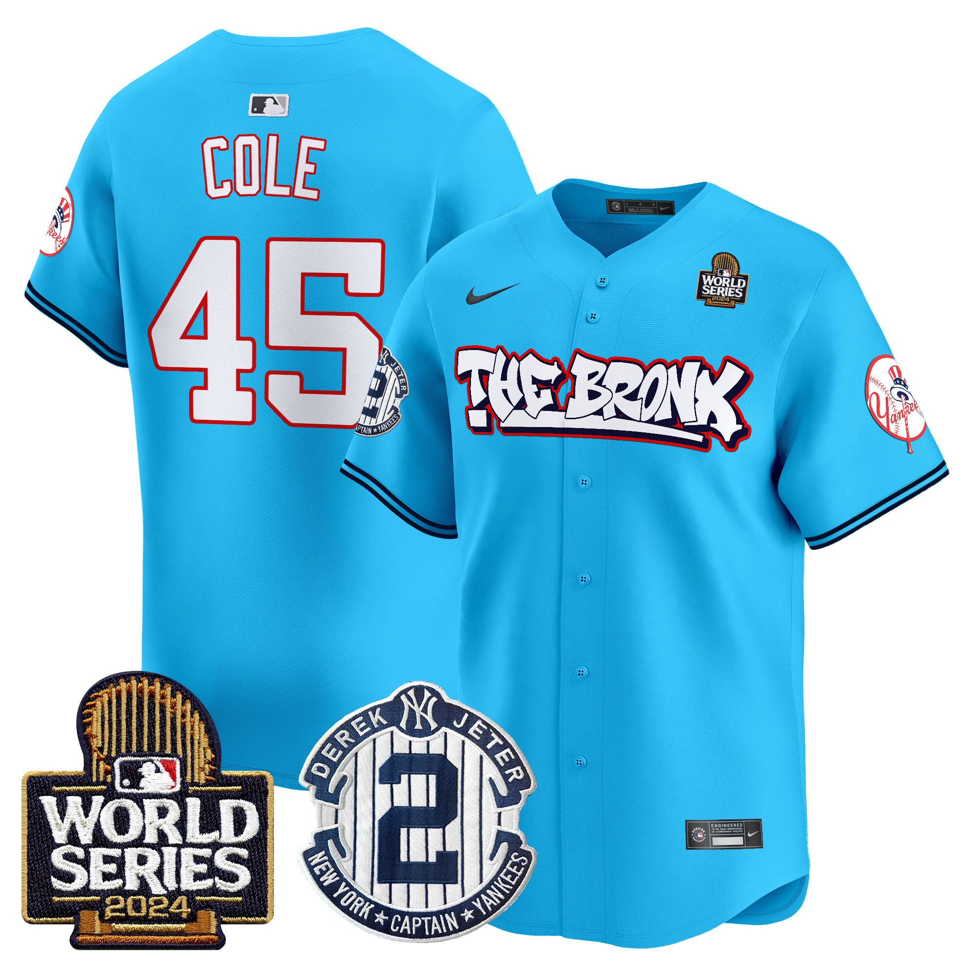 Men's Yankees The Bronx 2024 World Series Vapor Premier Limited Jersey V2 - All Stitched - Light Blue, Gerrit Cole