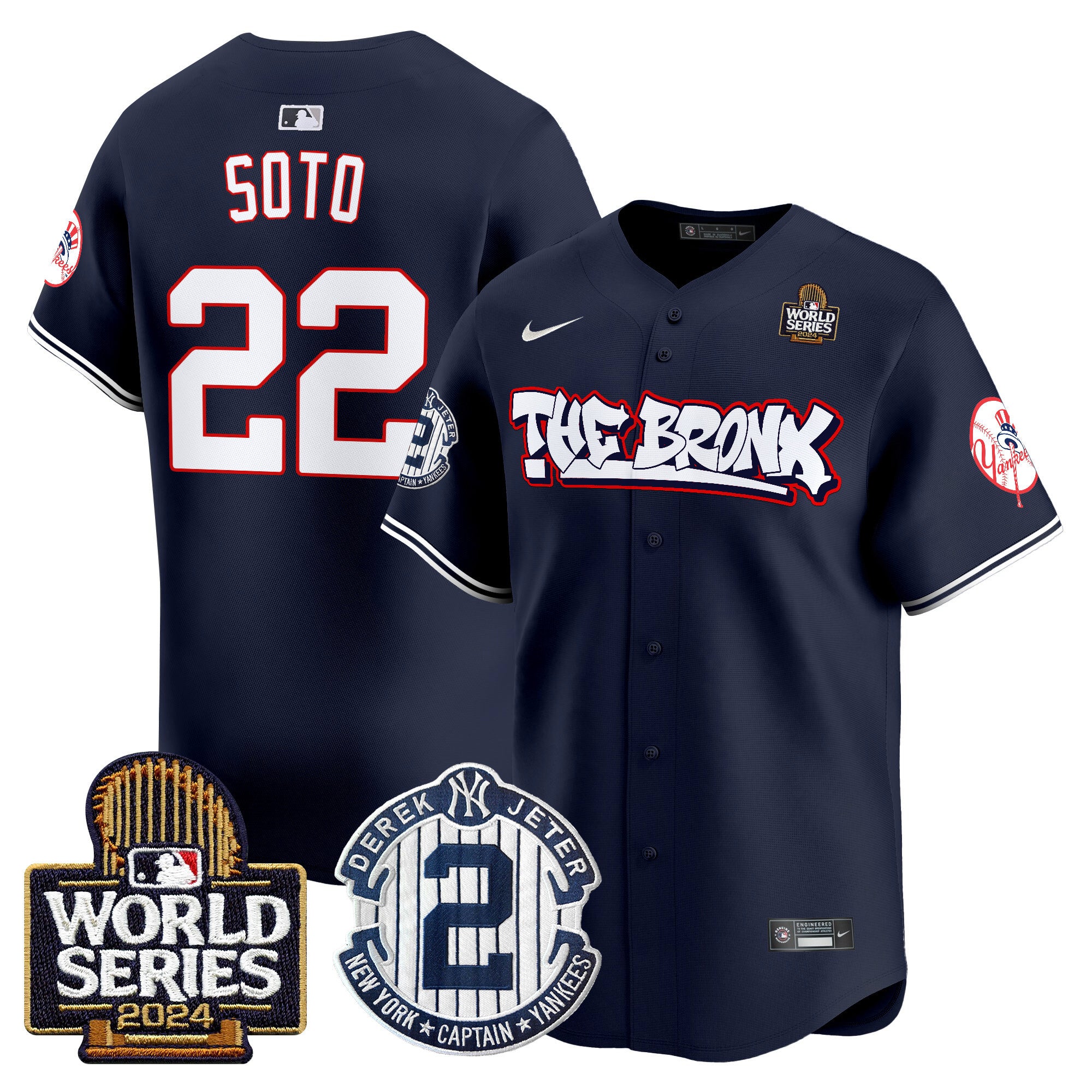 Men's Yankees The Bronx 2024 World Series Vapor Premier Limited Jersey V2 - All Stitched - Navy, Juan Soto