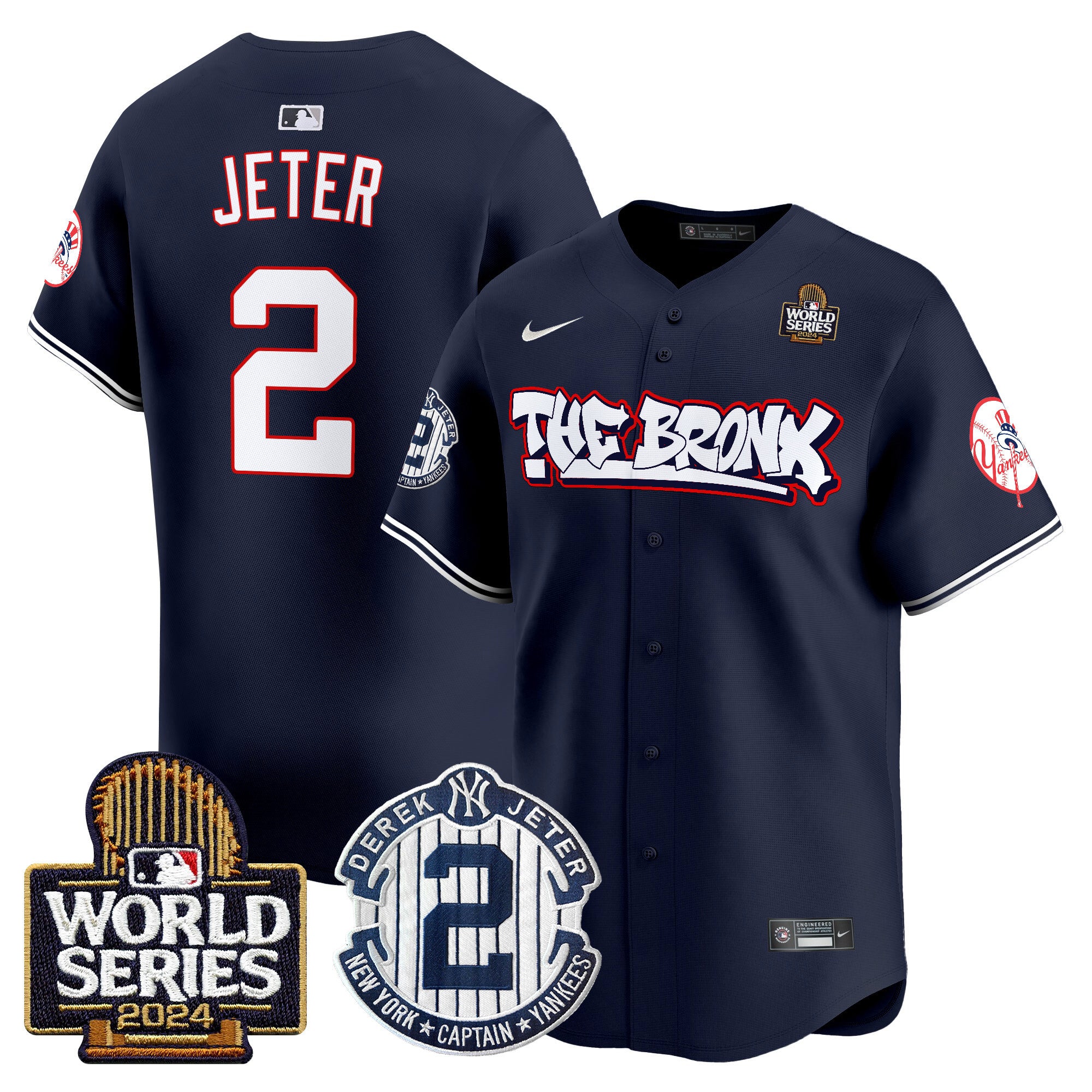 Men's Yankees The Bronx 2024 World Series Vapor Premier Limited Jersey V2 - All Stitched - Navy, Derek Jeter