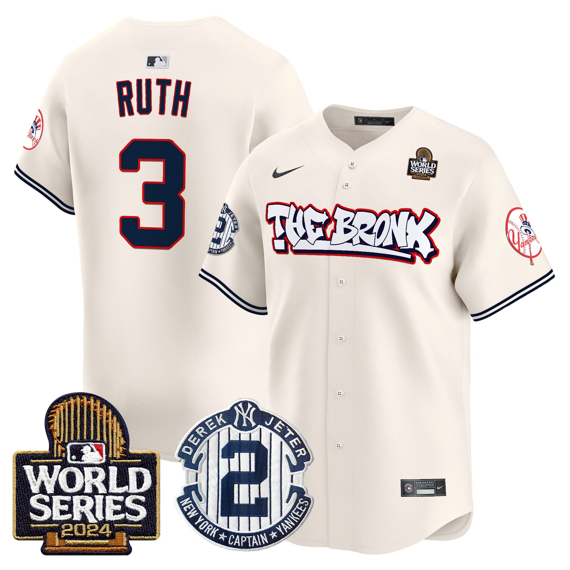 Men's Yankees The Bronx 2024 World Series Vapor Premier Limited Jersey V2 - All Stitched - Cream, Babe Ruth