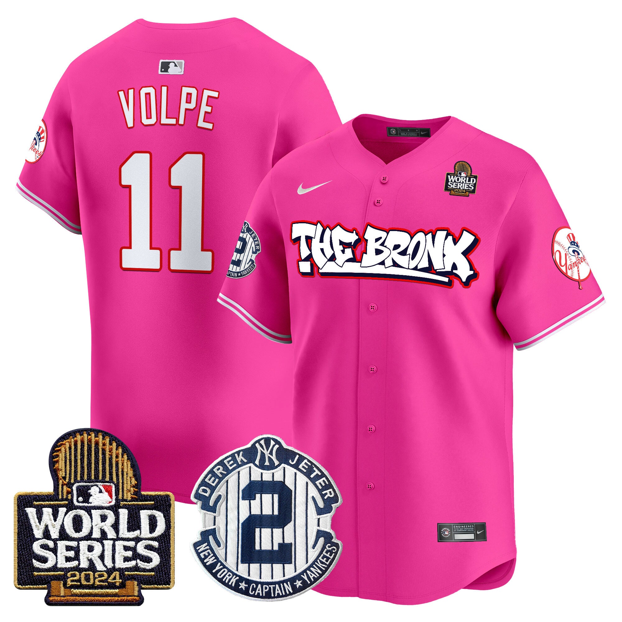 Men's Yankees The Bronx 2024 World Series Vapor Premier Limited Jersey V2 - All Stitched - Pink, Anthony Volpe
