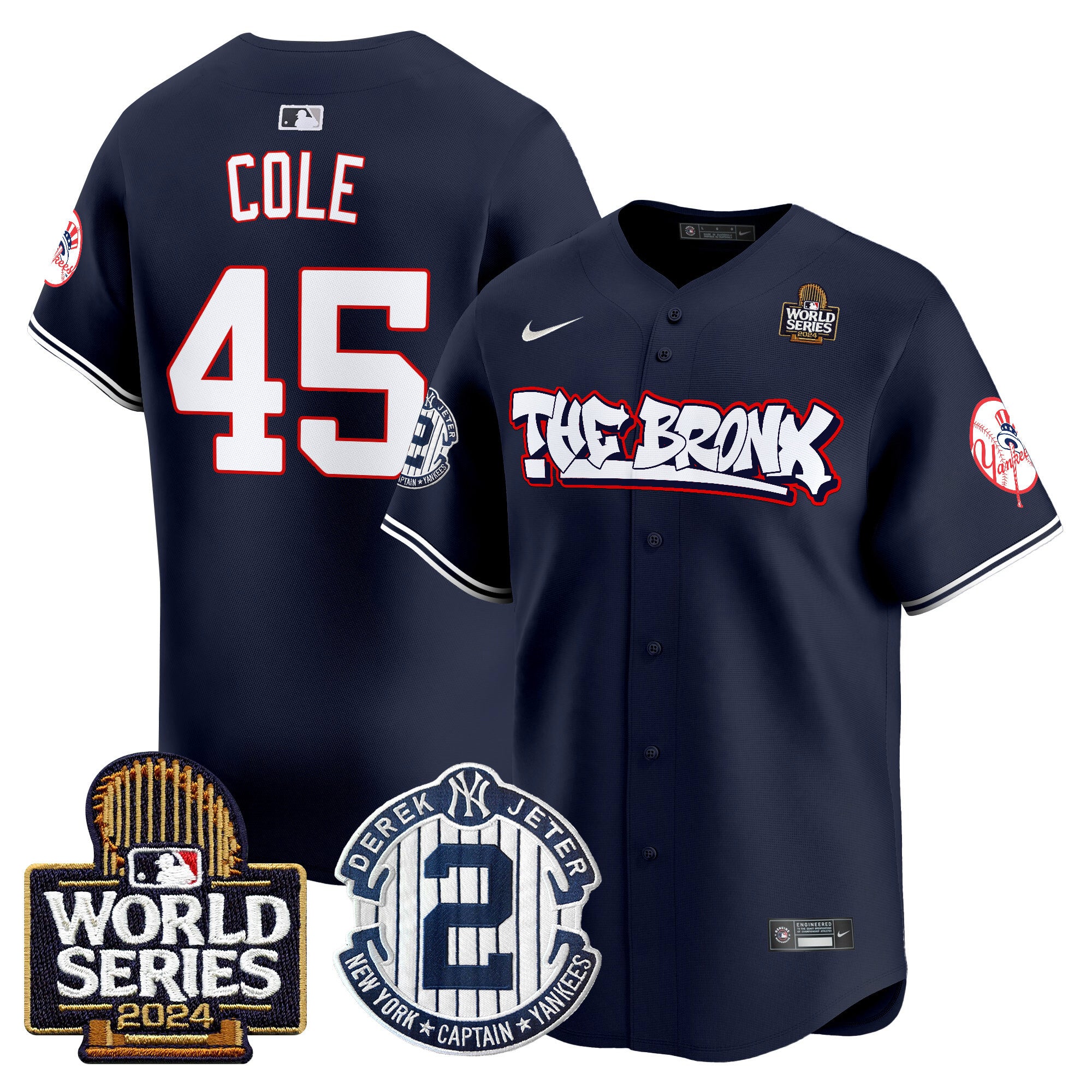 Men's Yankees The Bronx 2024 World Series Vapor Premier Limited Jersey V2 - All Stitched - Navy, Gerrit Cole