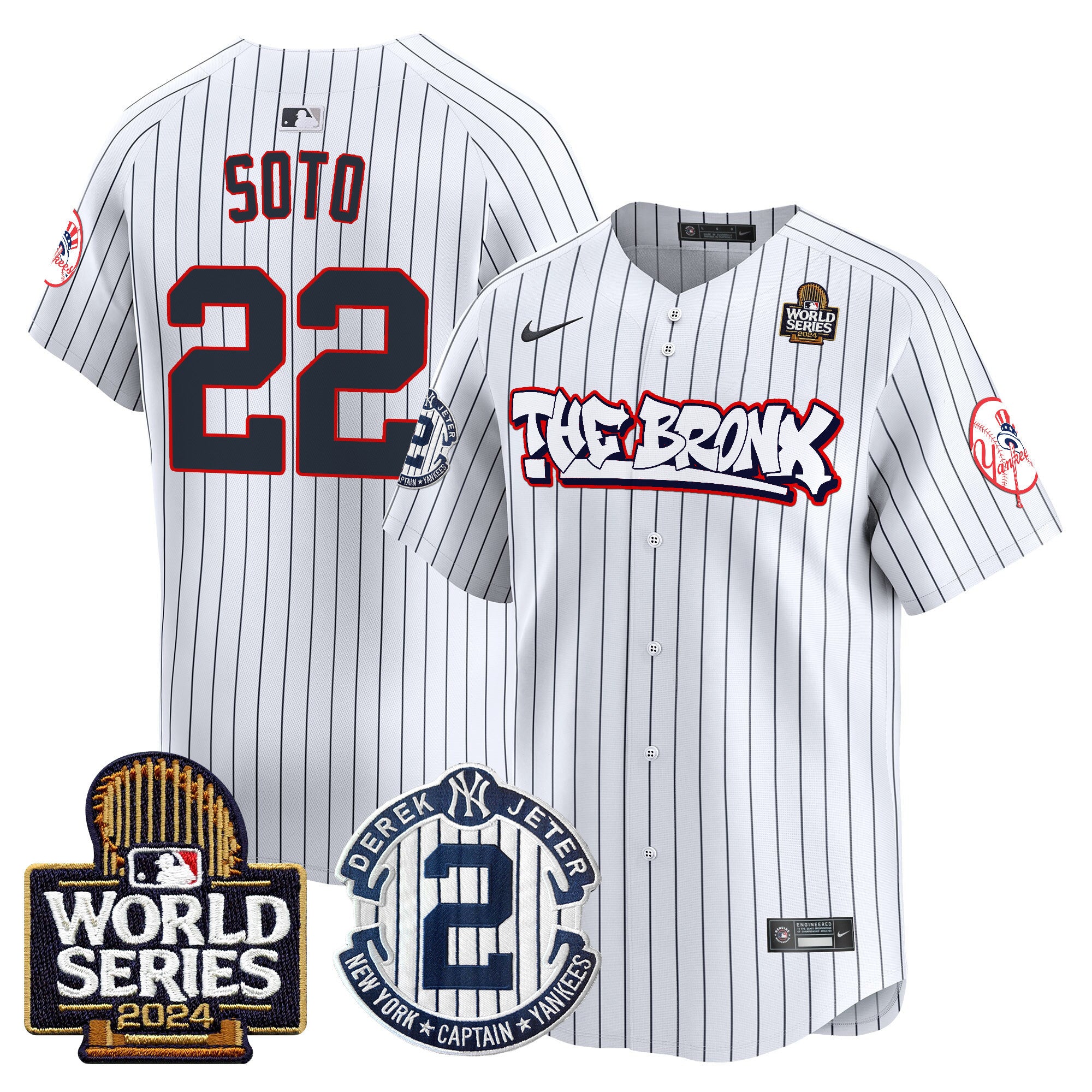 Men's Yankees The Bronx 2024 World Series Vapor Premier Limited Jersey V2 - All Stitched - Pinstripe, Juan Soto
