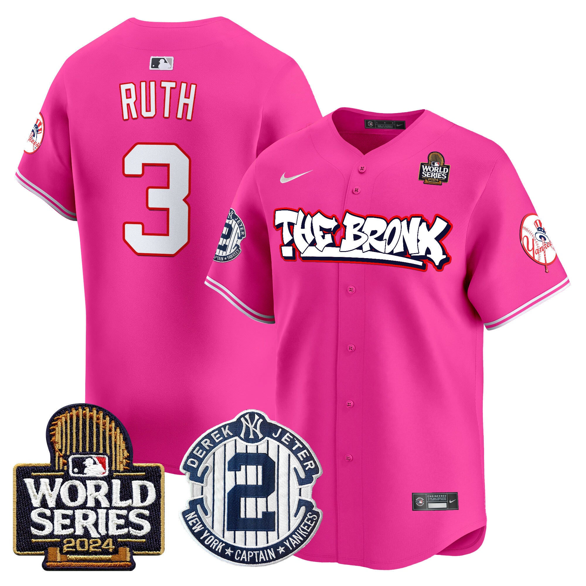 Men's Yankees The Bronx 2024 World Series Vapor Premier Limited Jersey V2 - All Stitched - Pink, Babe Ruth
