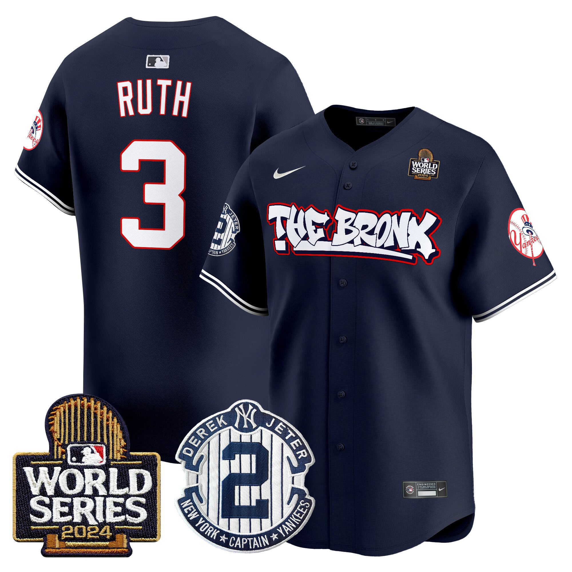Men's Yankees The Bronx 2024 World Series Vapor Premier Limited Jersey V2 - All Stitched - Navy, Babe Ruth
