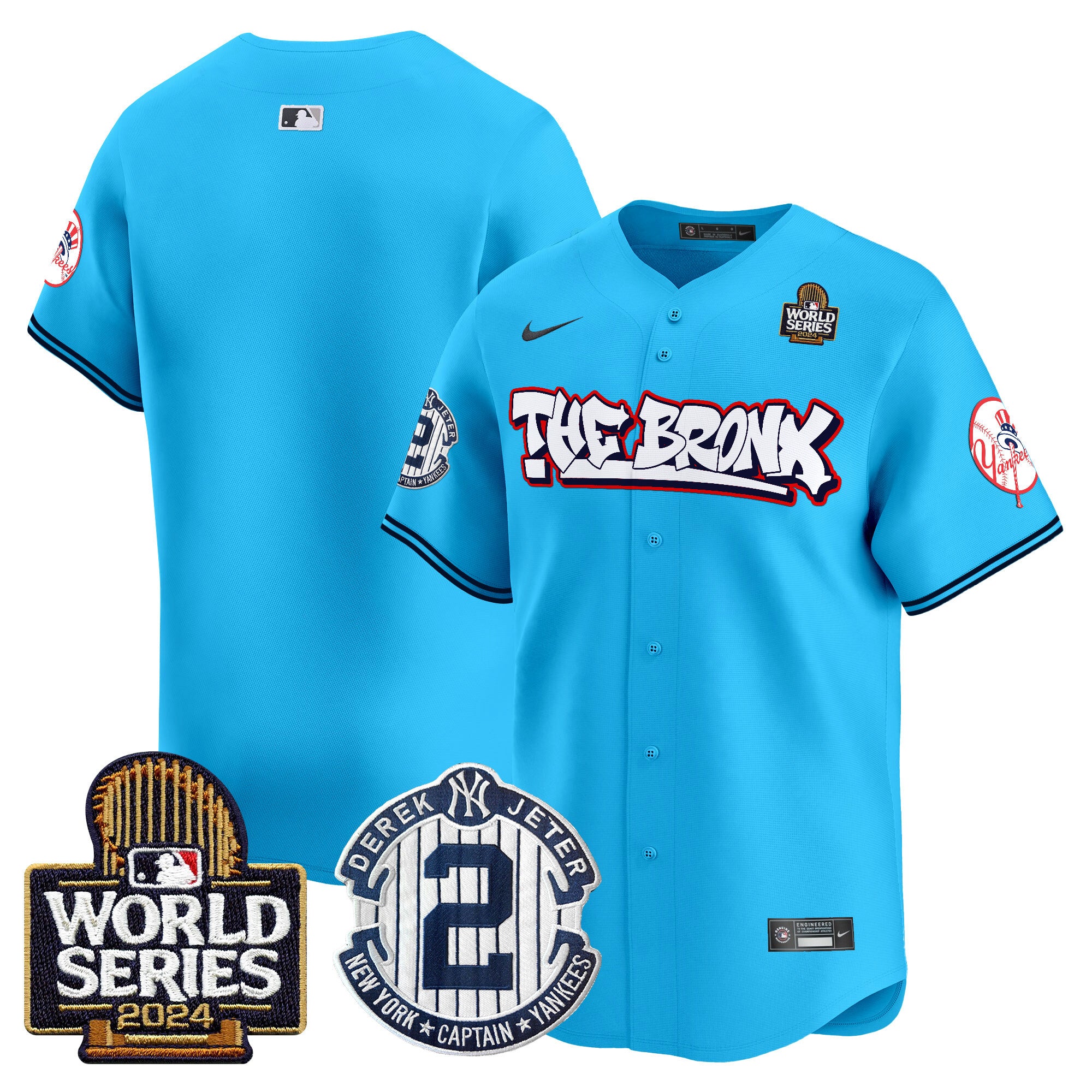 Men's Yankees The Bronx 2024 World Series Vapor Premier Limited Jersey V2 - All Stitched - Light Blue, Team